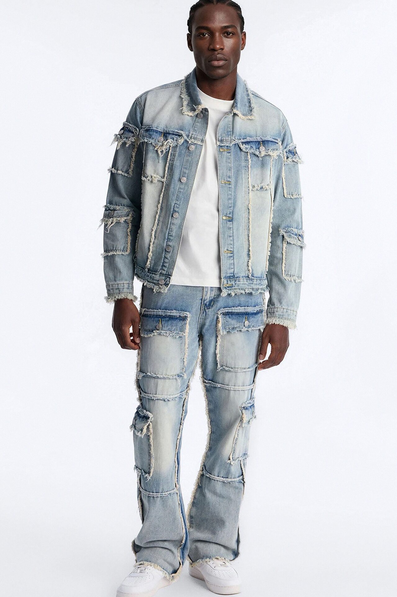 Tattered Cargo Denim Trucker Jacket - Light Wash
