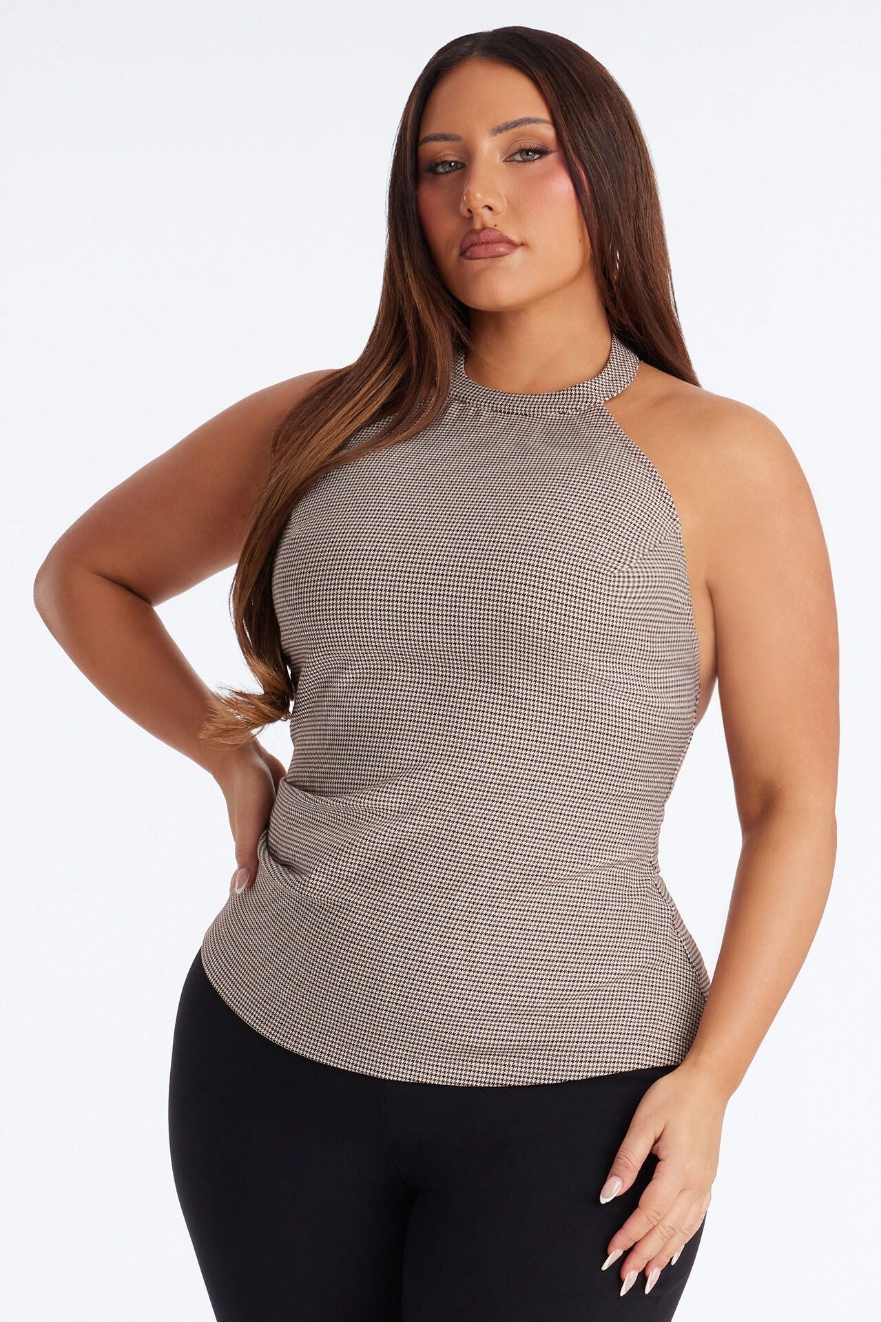Meeting In Motion Houndstooth Halter Top - Brown/combo