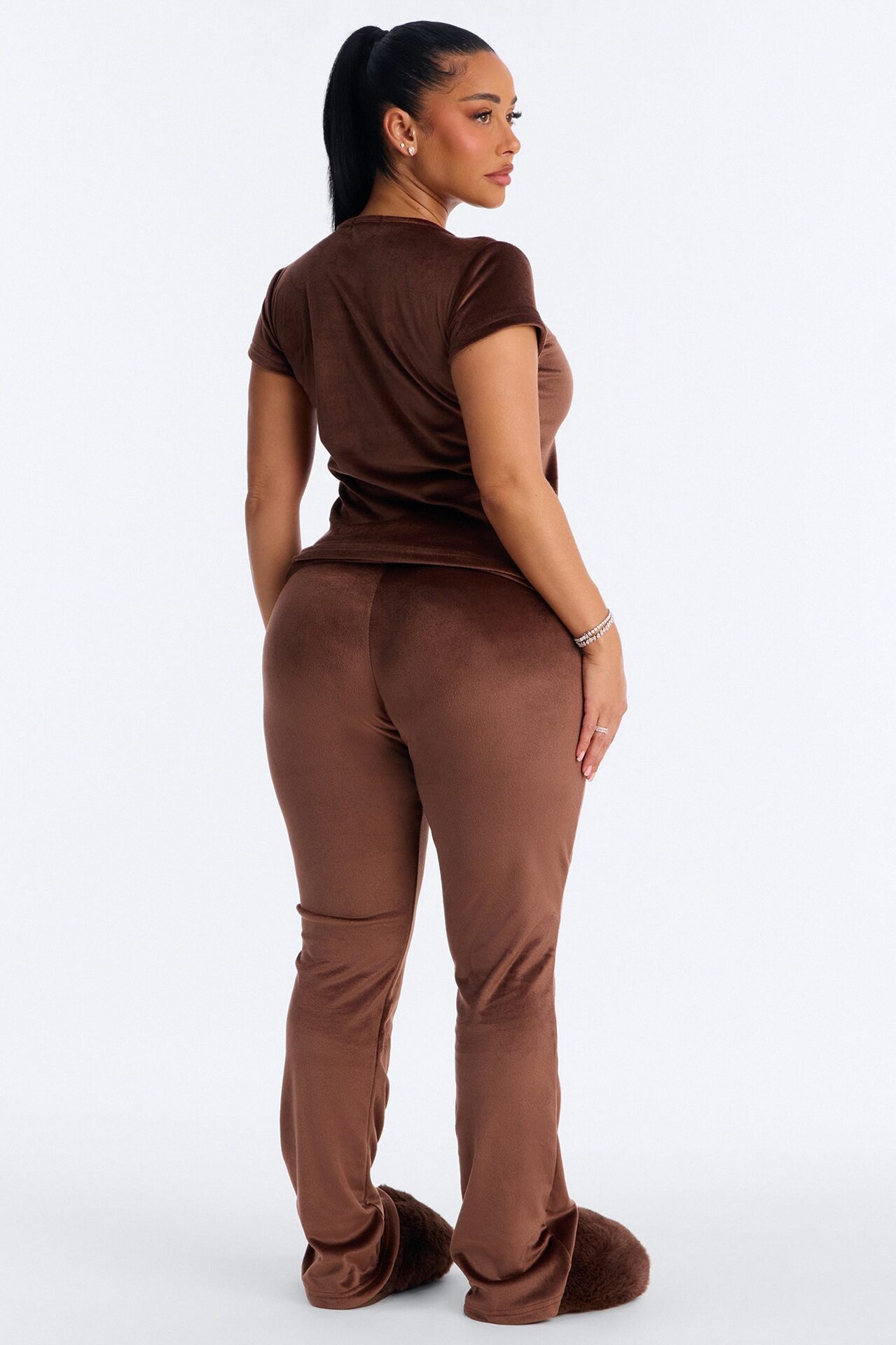 Cozy Moments Short Sleeve Velour PJ Pant Set - Chocolate