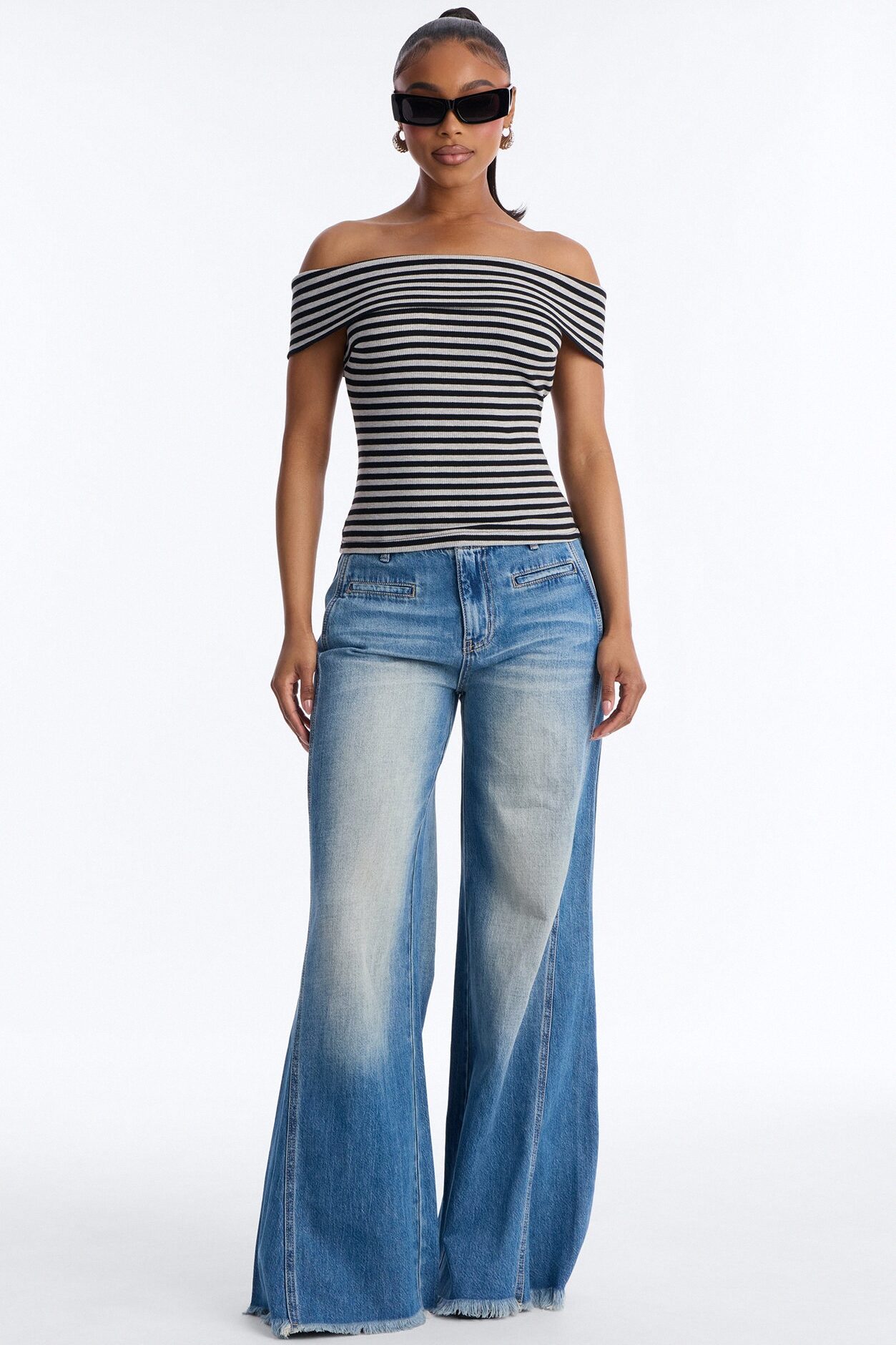Nicole Striped Off Shoulder Short Sleeve Top - Black/combo