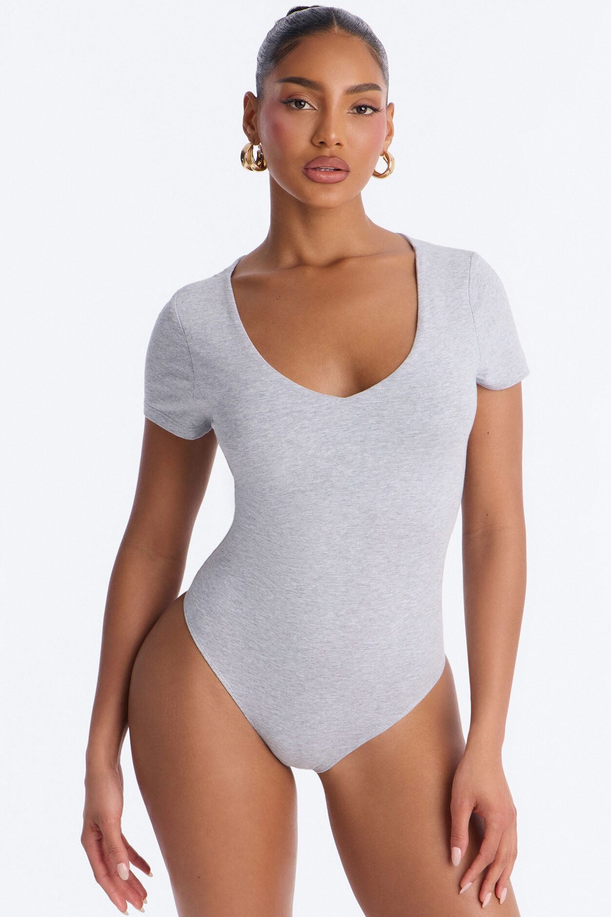 Marion Double Lined V Neck Bodysuit - Heather Grey