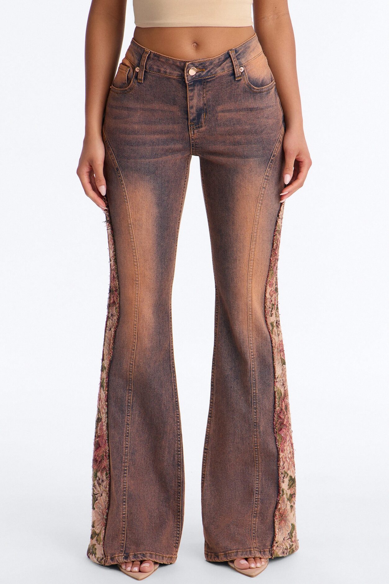 Amari Floral Stretch Low Rise Flare Leg Jeans - Burgundy