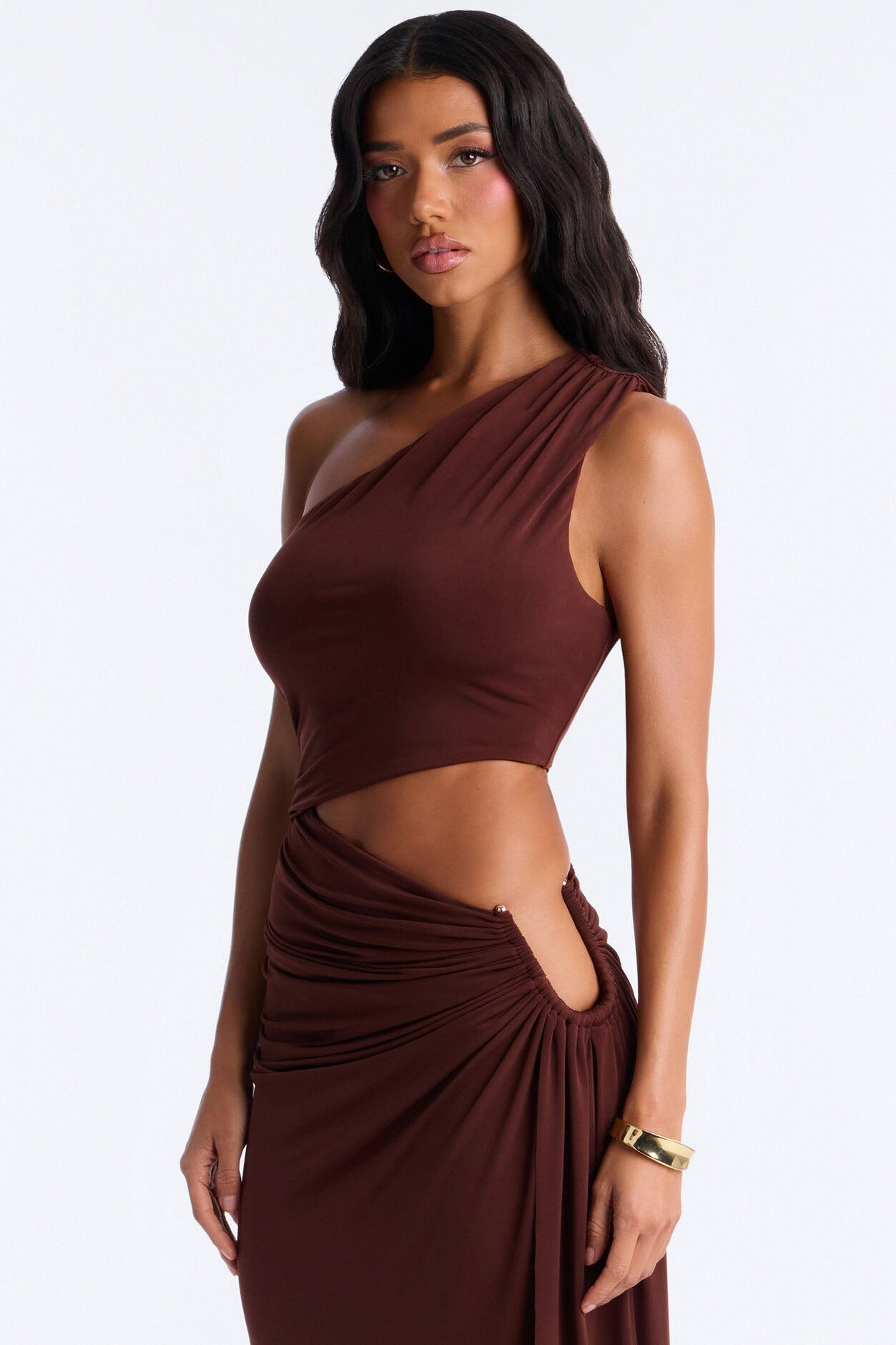 City Pulse One Shoulder Midi Dress - Chocolate