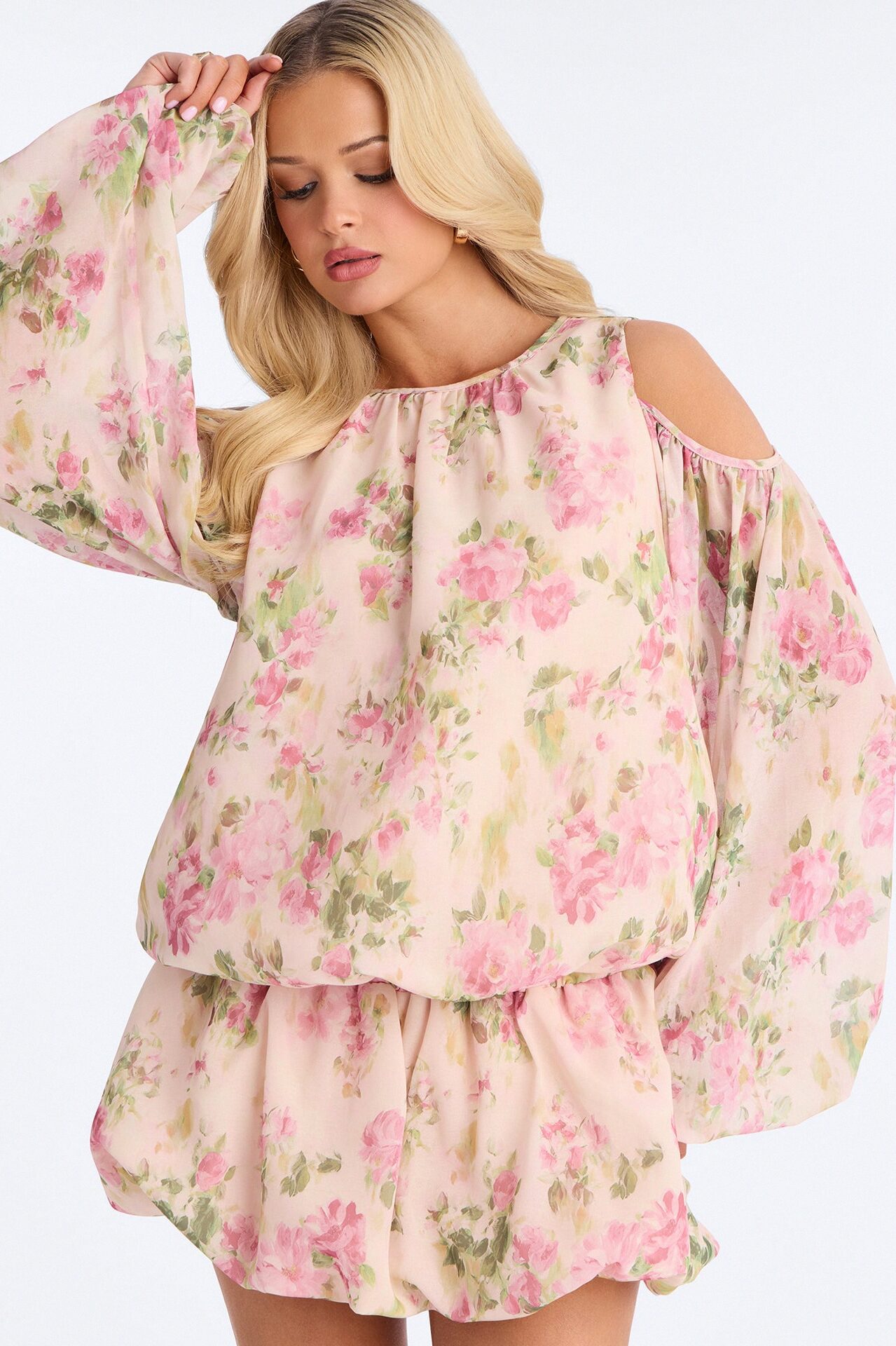 Floral Obsession Cold Shoulder Chiffon Mini Dress - Multi Color