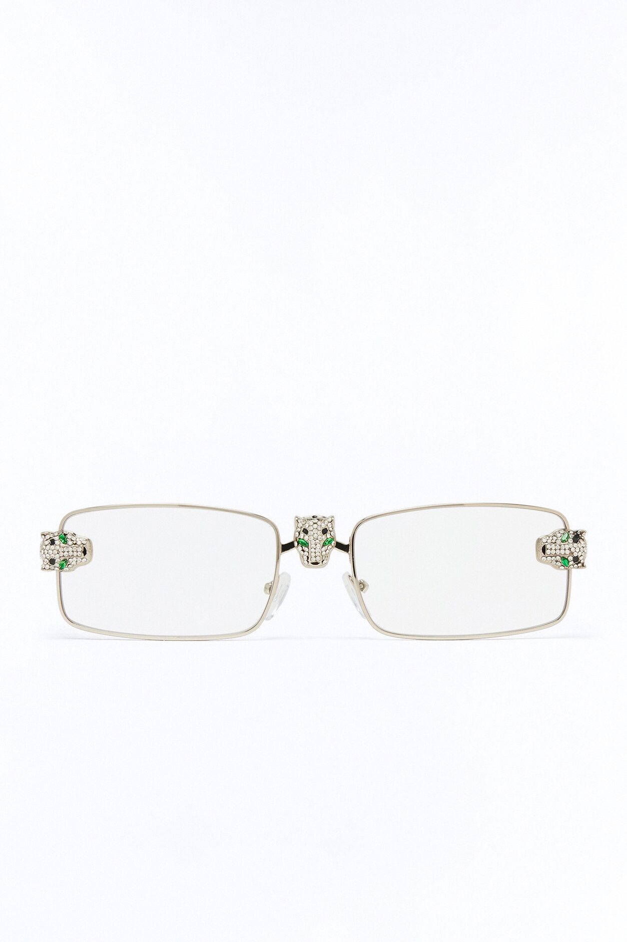 Iced Panther Rectangle Metal Sunglasses - Silver