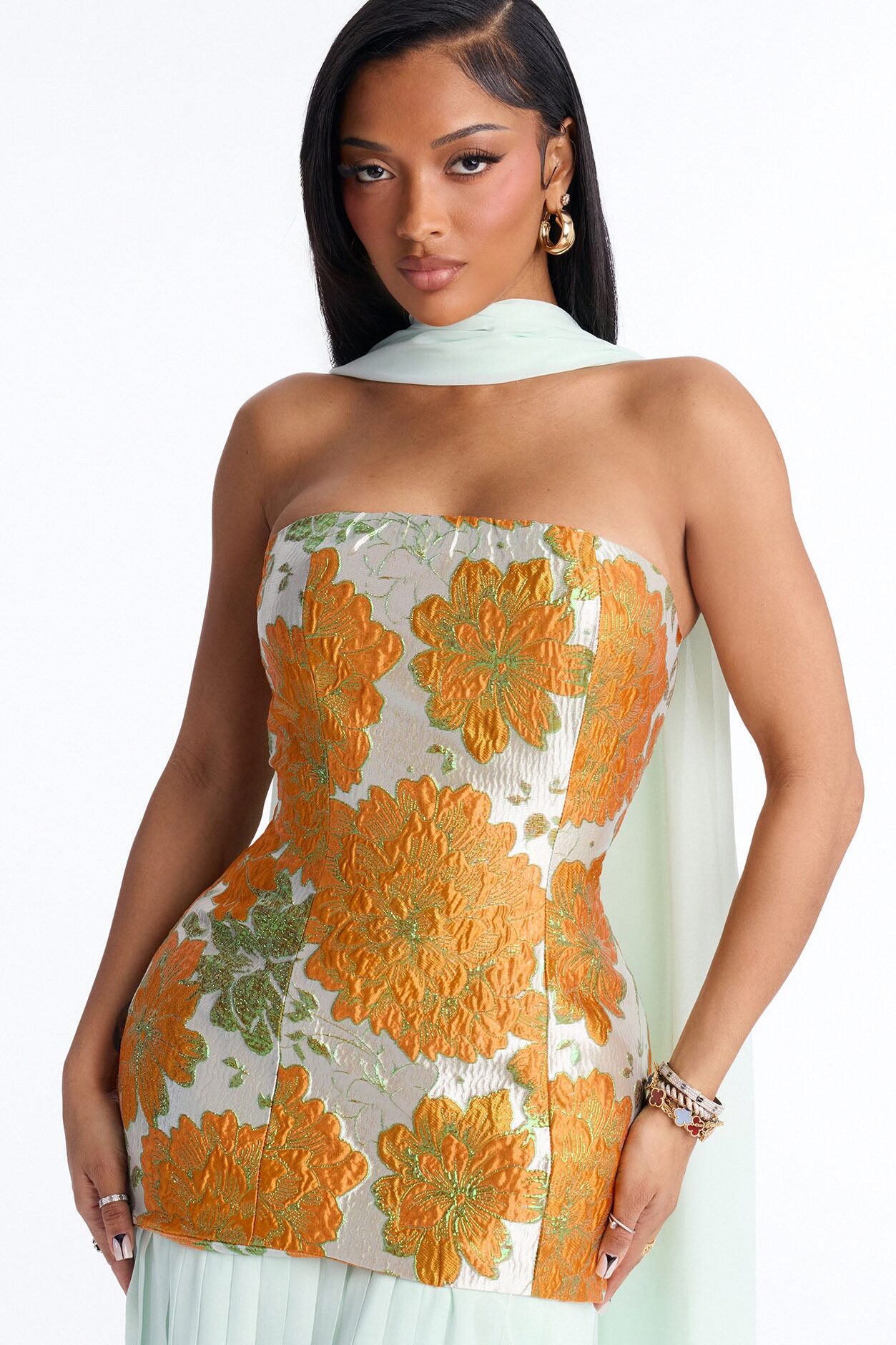 Bare Beauty Scarf Jacquard Gown - Mint/combo