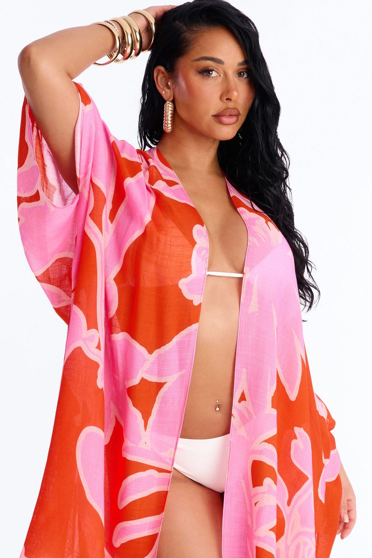 Seas The Day Abstract Swim Cover Up Kimono - Pink/combo