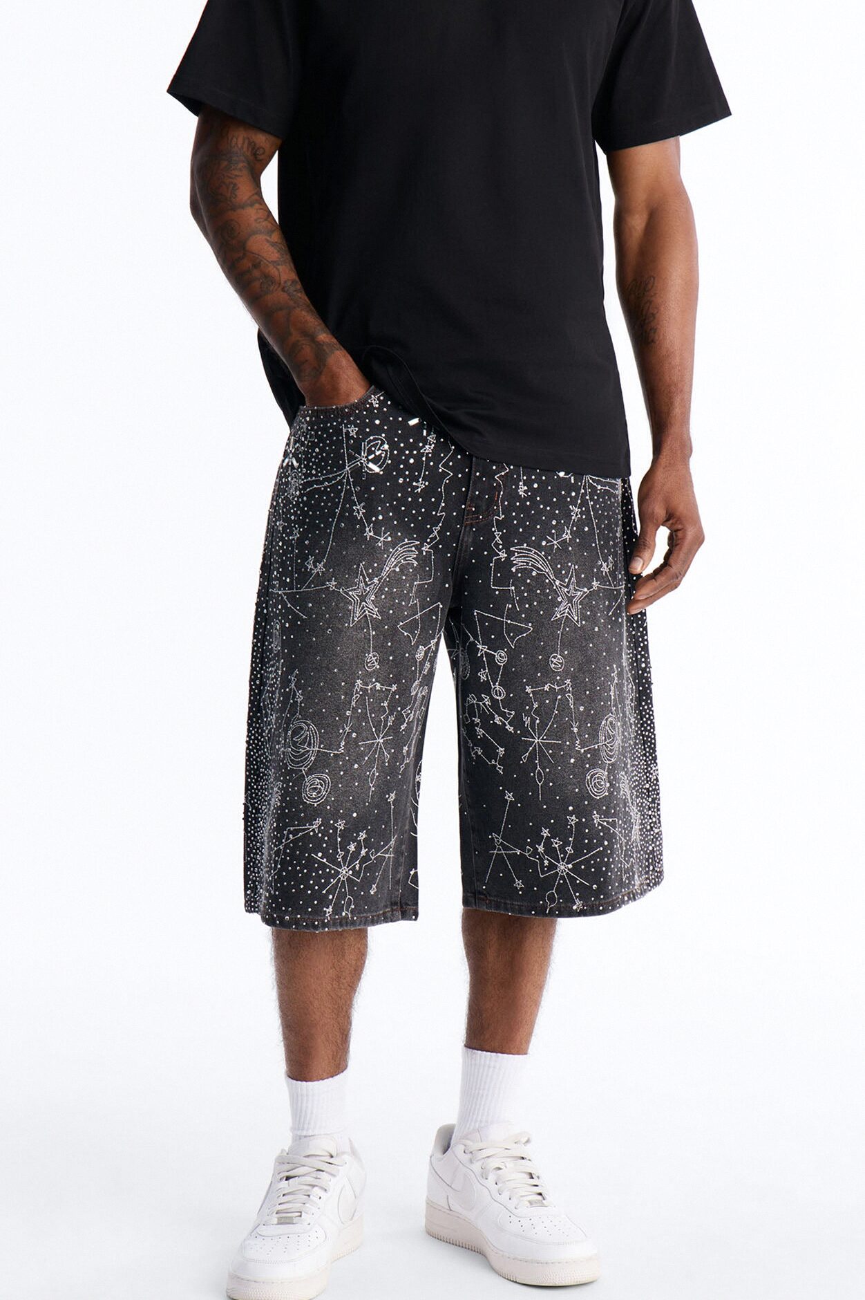 Rhinestone Interstellar Baggy Denim Short - Black Wash