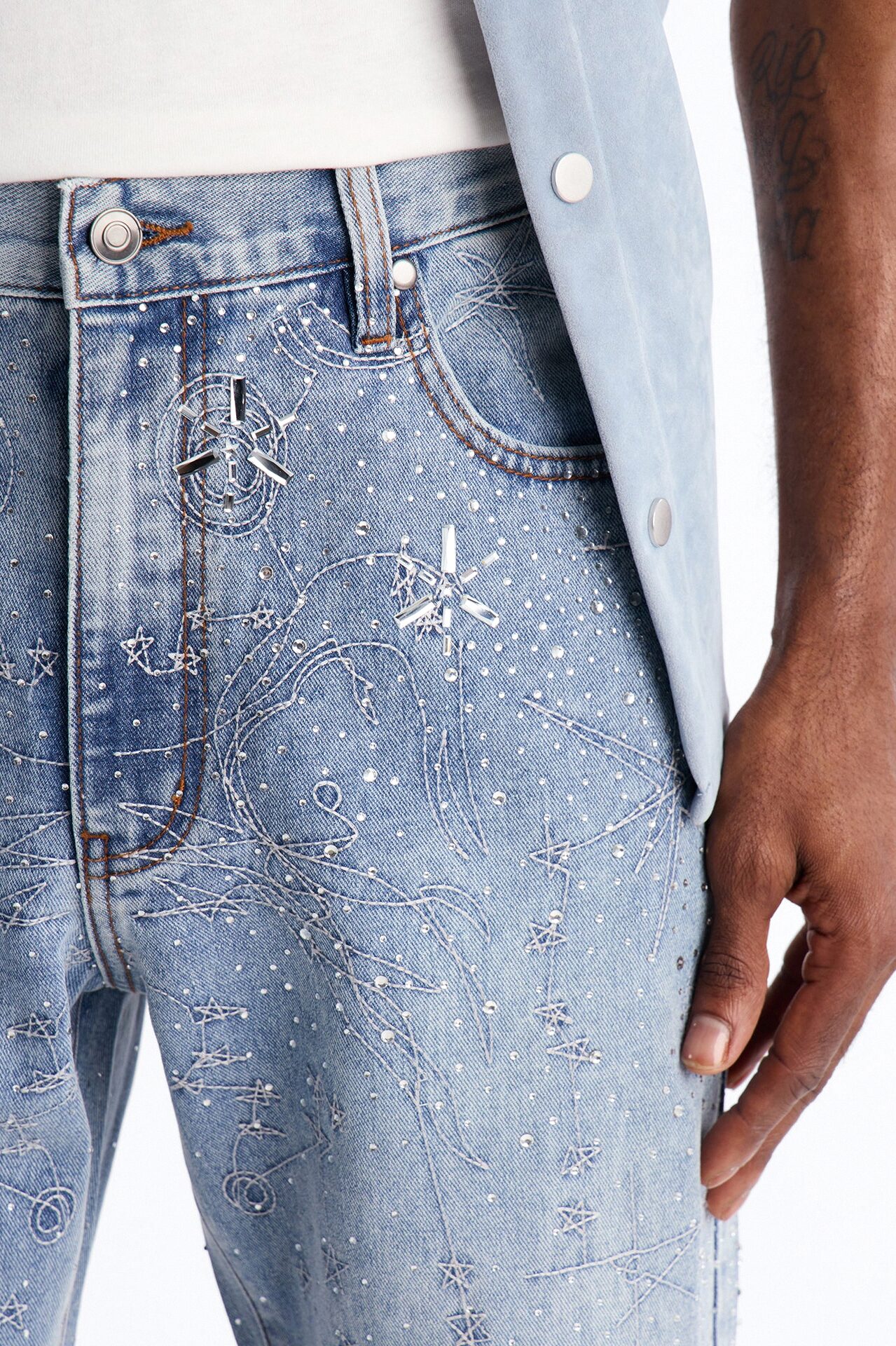 Rhinestone Interstellar Straight Jean - Light Wash