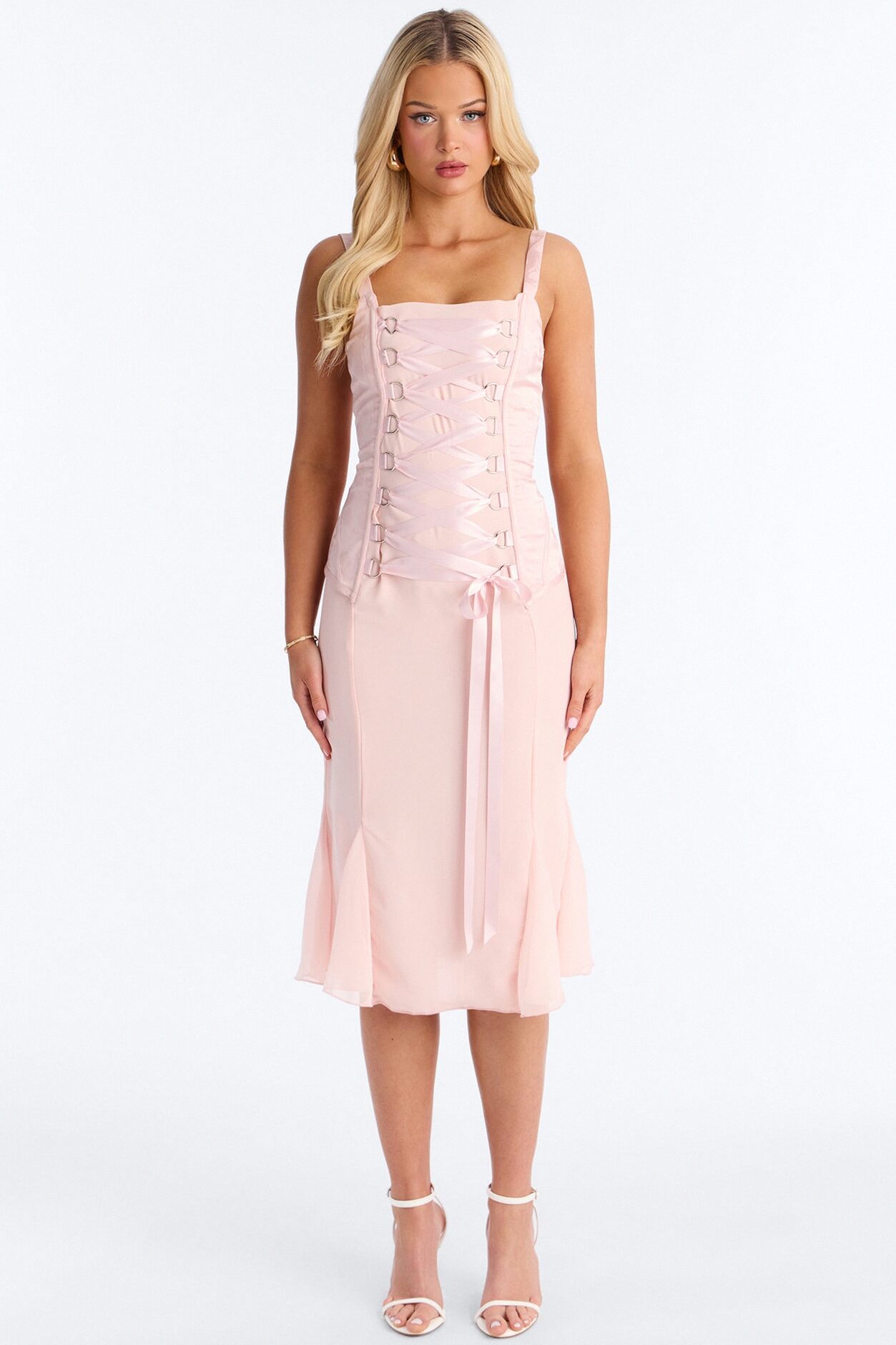 Spring Floral Jacquard Midi Dress - Light Pink