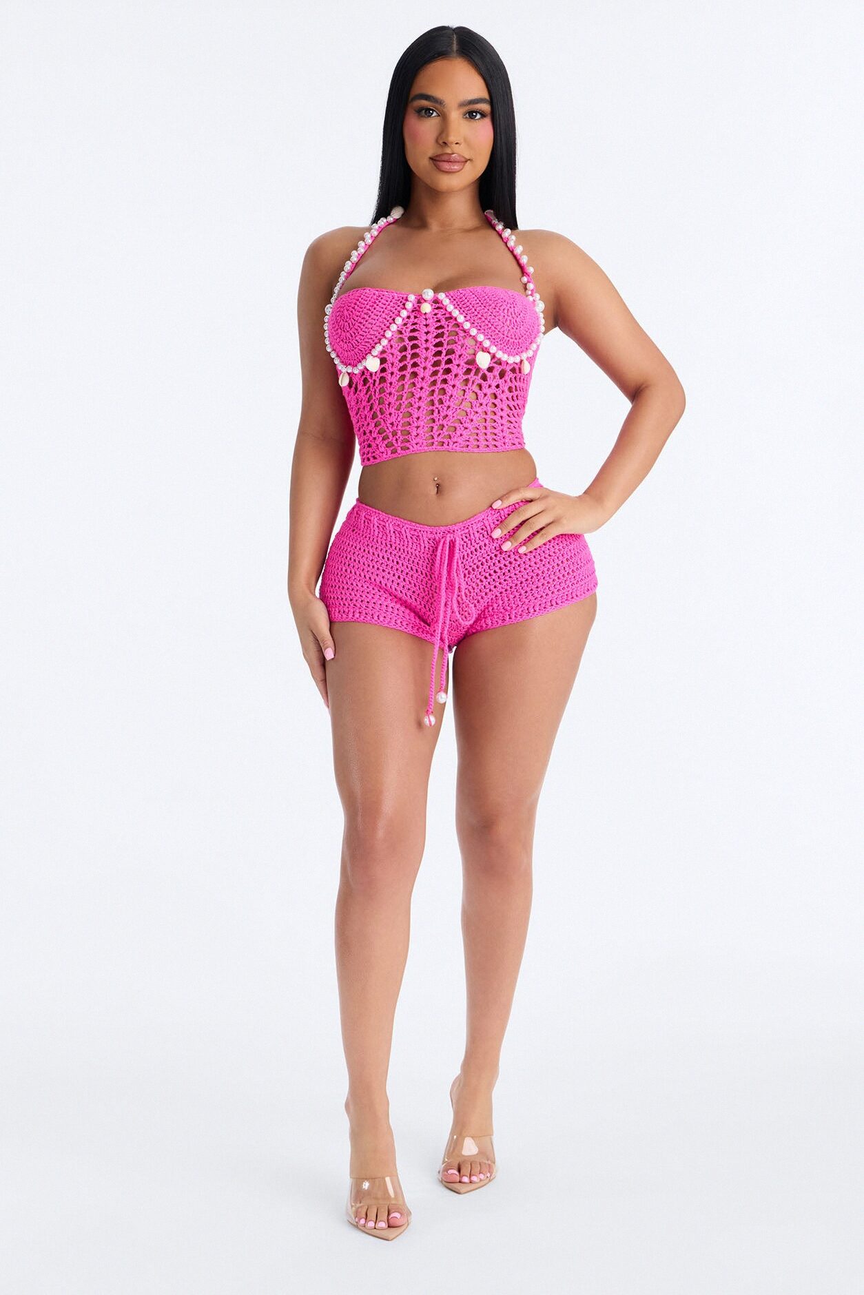 Kalea Pearls & Shells Rope Crochet 2 Piece Sunsuit - Hot Pink