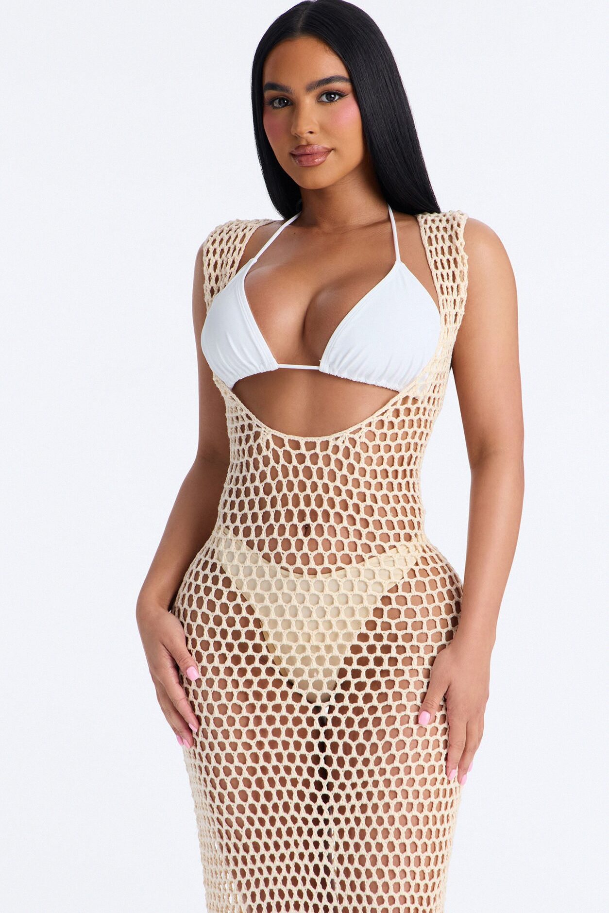 Poolside Cool Crochet Swim Cover Up Dress - Cream