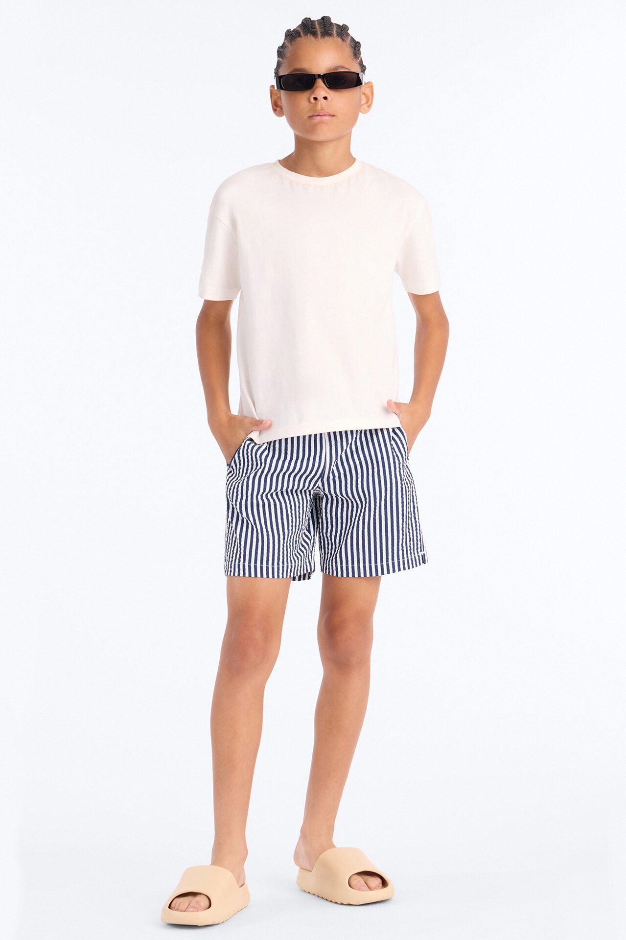 Mini Striped Resort Seersucker Swim Short Trunk - Navy