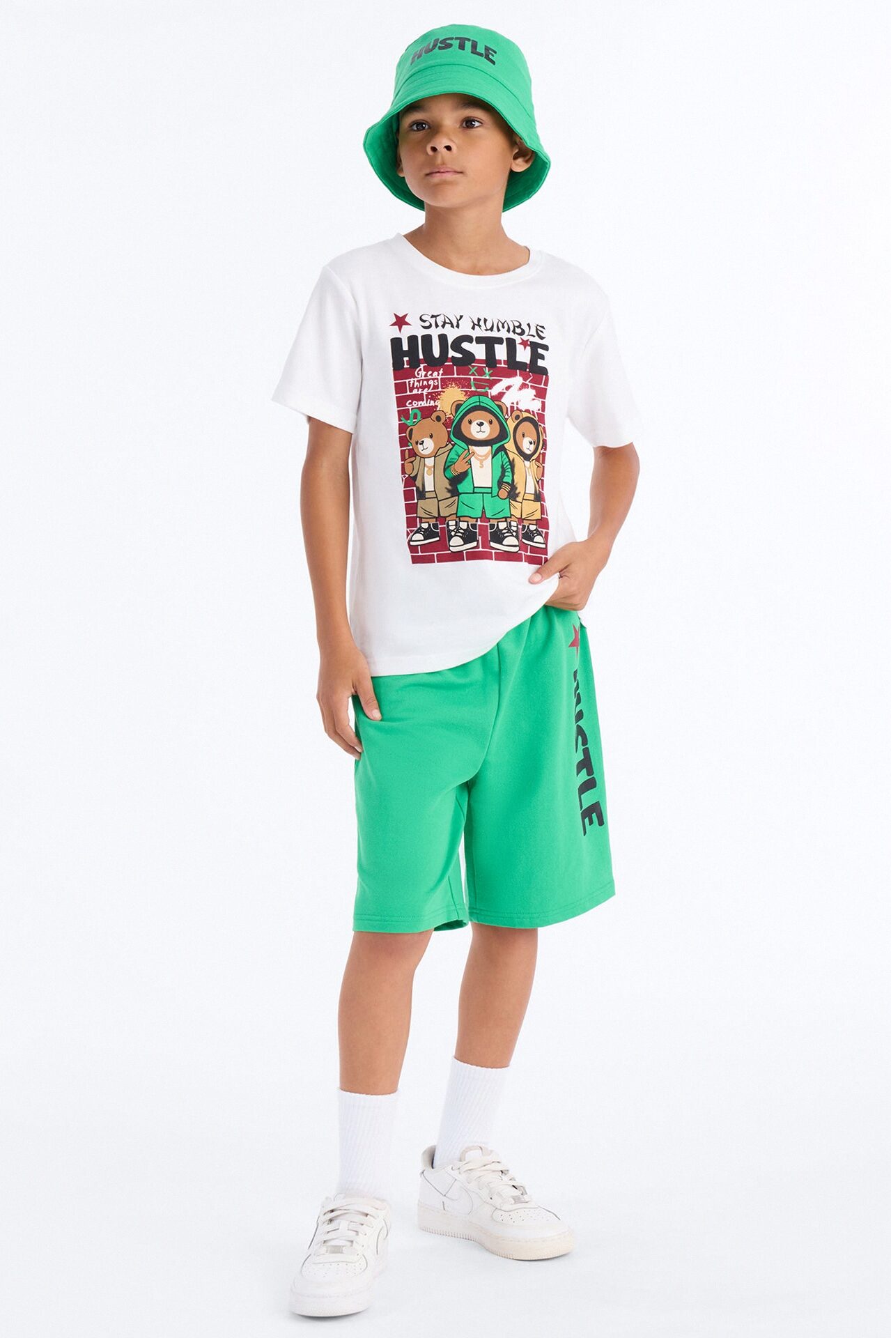 Mini Stay Humble And Hustle Short Set With Bucket Hat - White/combo