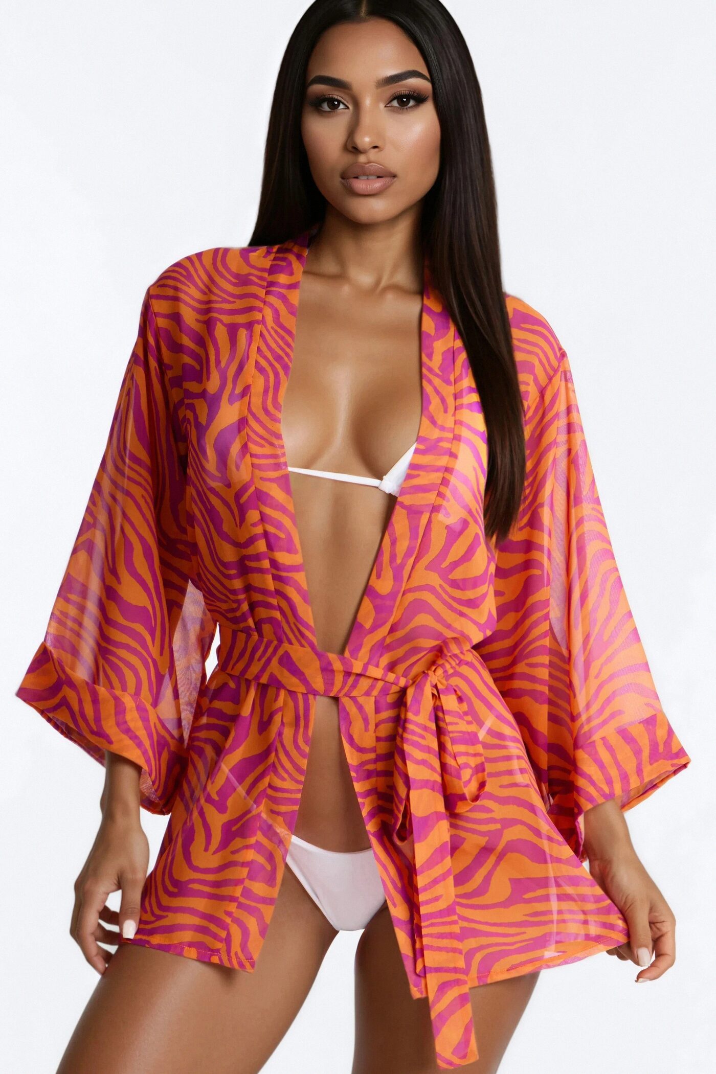 Nothing But A Stripe Waist Tie Swim Cover Up Kimono - Pink/combo