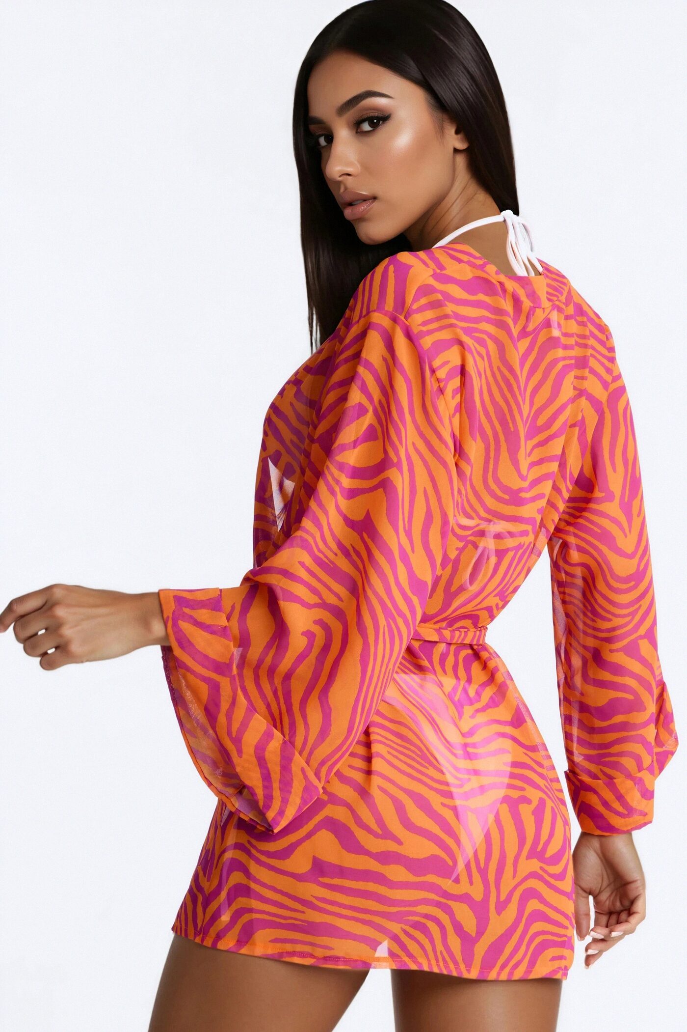 Nothing But A Stripe Waist Tie Swim Cover Up Kimono - Pink/combo