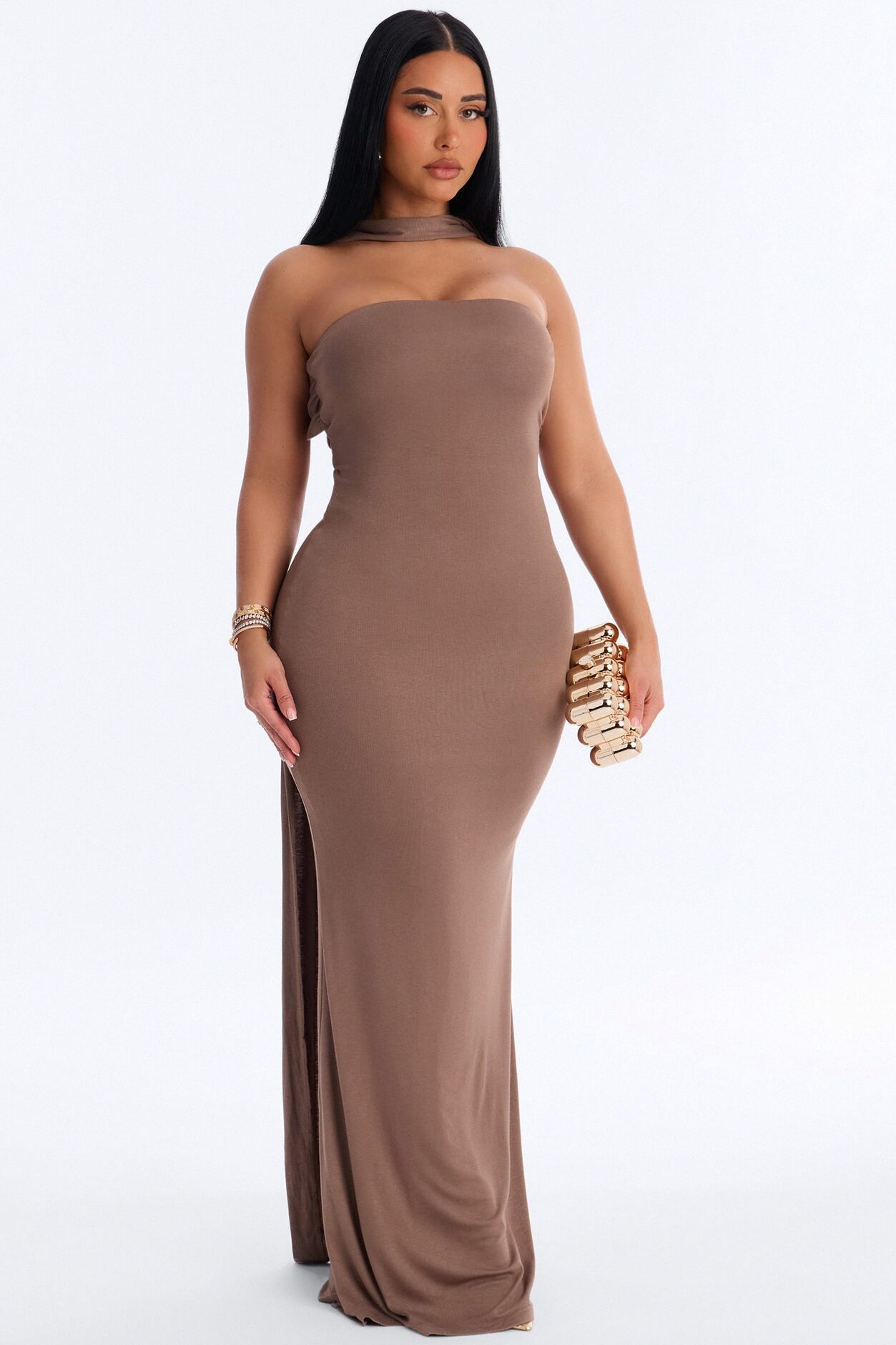 Dubai Nights Backless Maxi Dress - Mocha