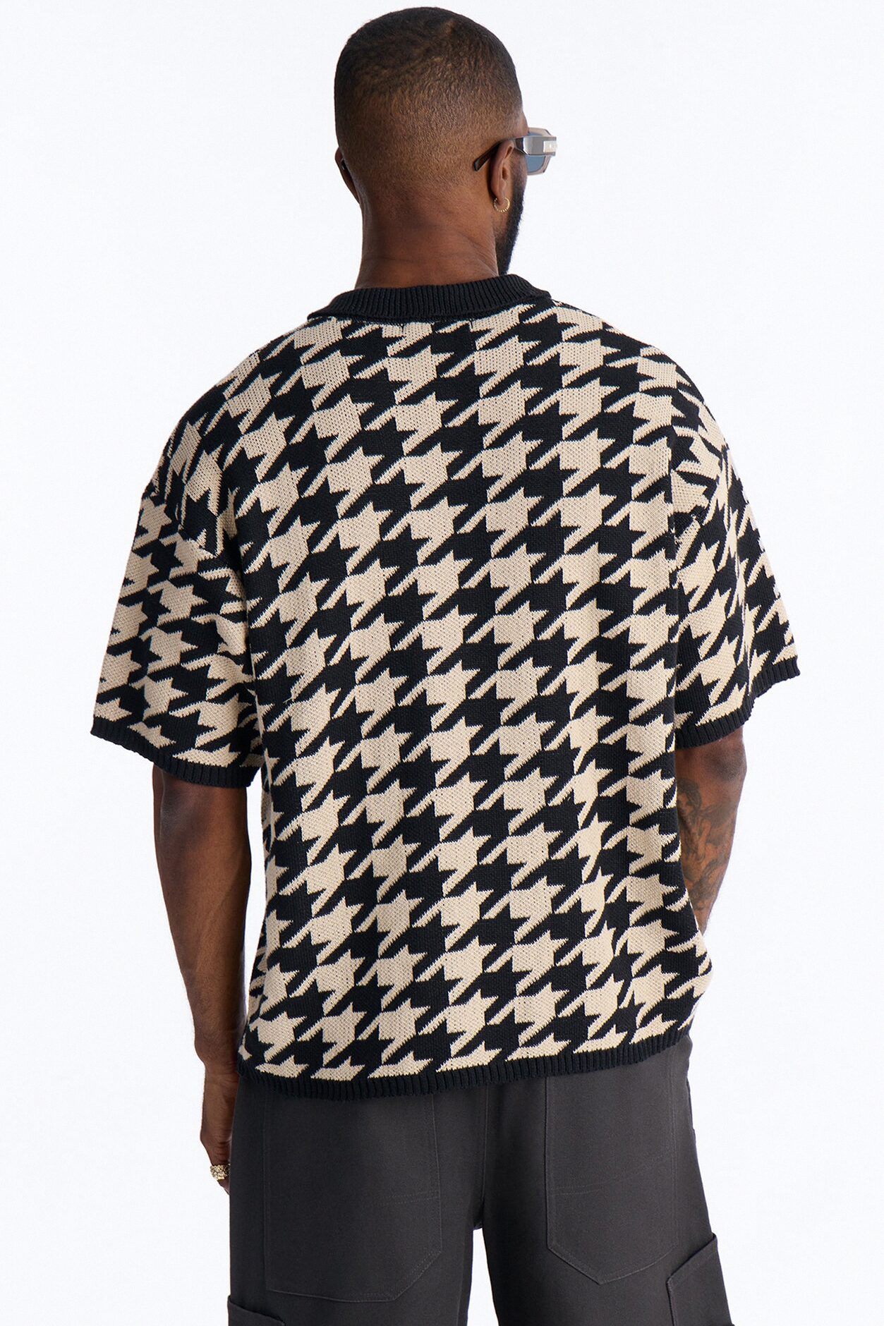 Houndstooth Short Sleeve Knitted Polo - Black