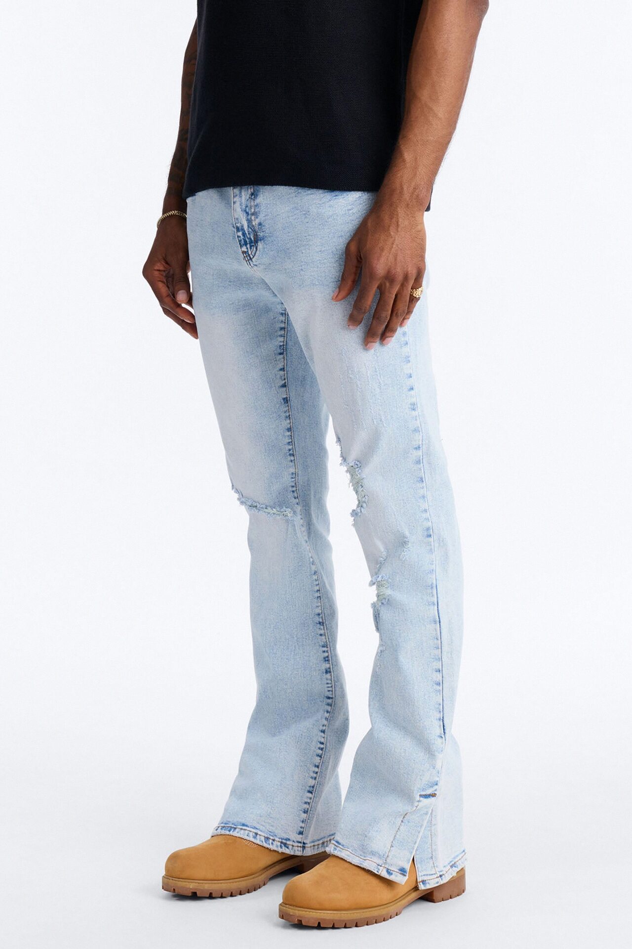 Stacked Skinny Flare Slit Dare Me Distressed Jean - Light Blue Wash