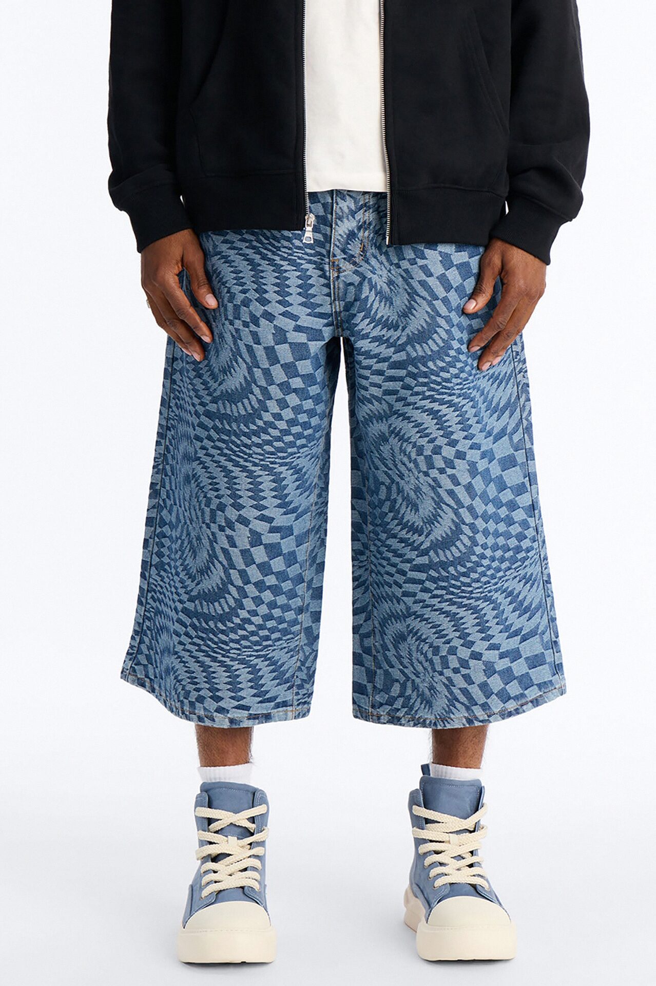 Super Baggy Trippy Check Denim Short - Medium Blue Wash