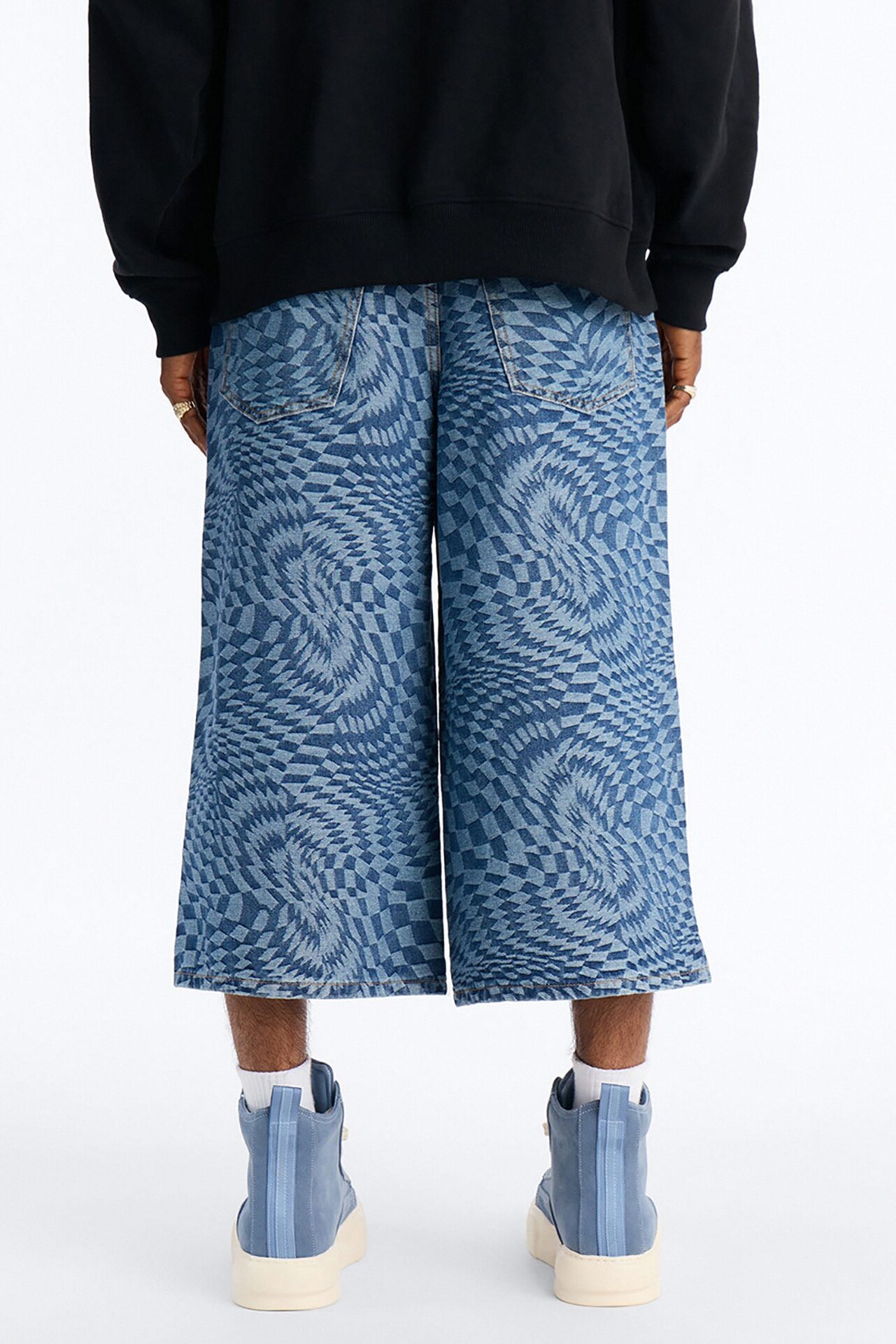 Super Baggy Trippy Check Denim Short - Medium Blue Wash