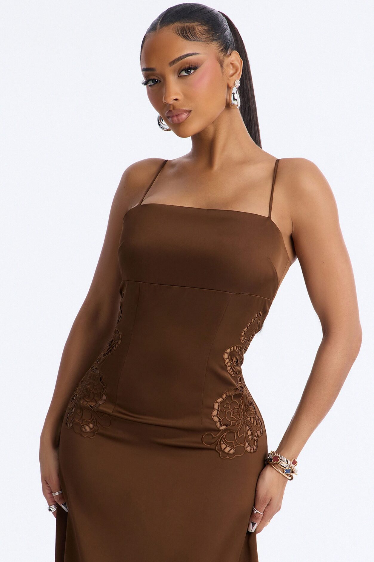Daisy Embroidered Satin Maxi Dress - Brown