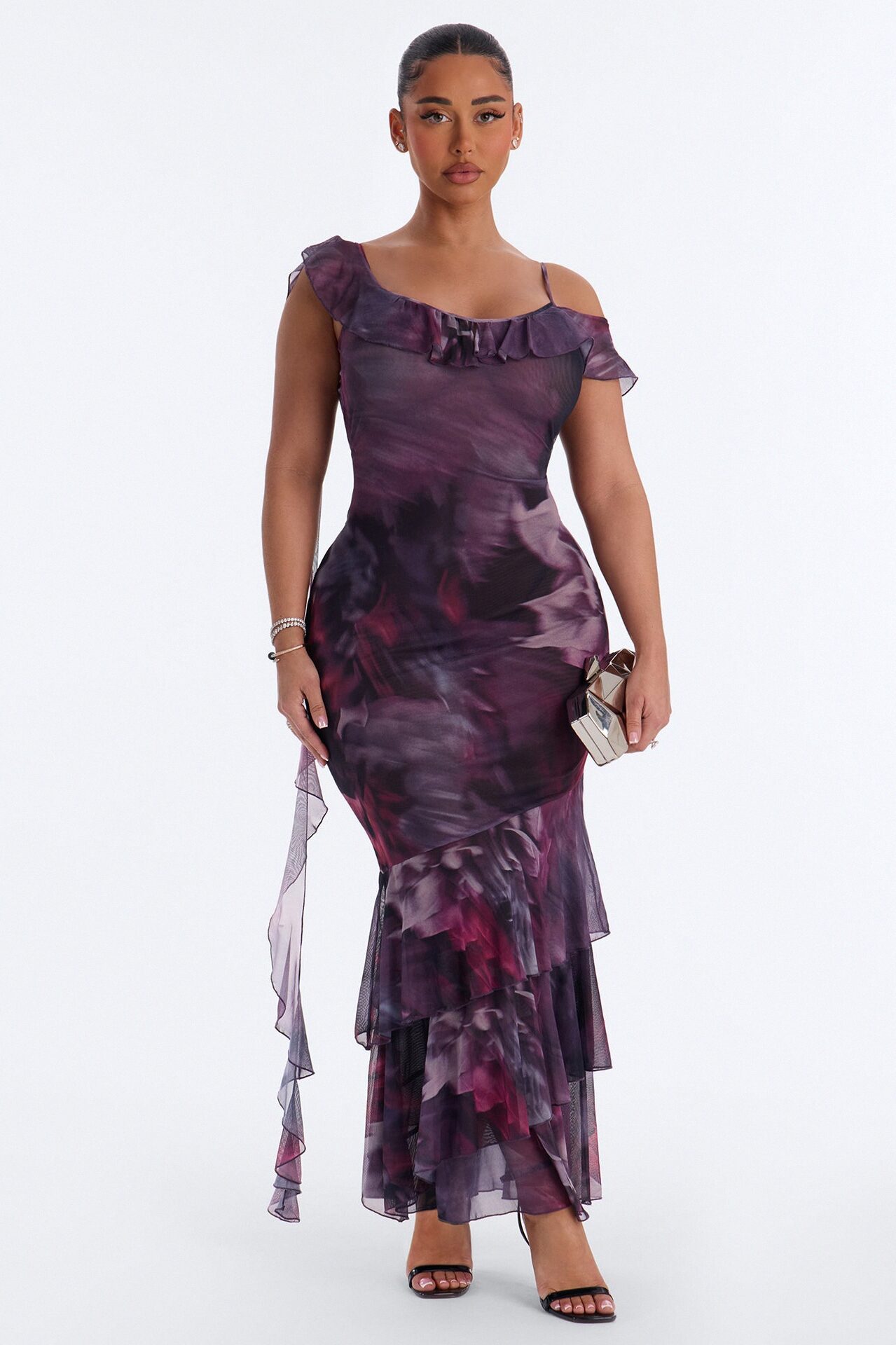 Hopeless Romantic Ruffle Mesh Maxi Dress - Plum/Multi