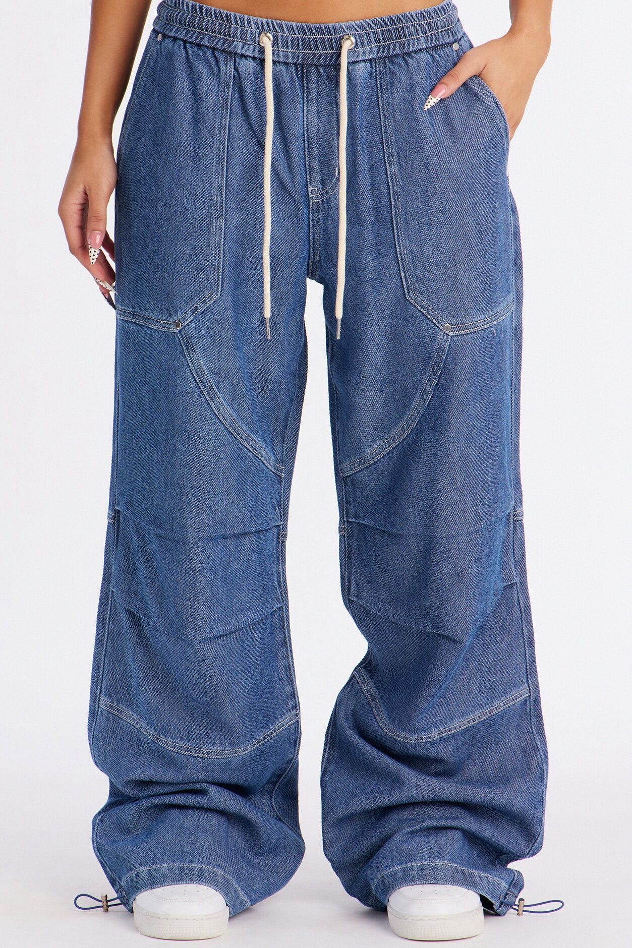 Flying Solo Drapey Tie Waist Jogger Jeans - Medium Wash