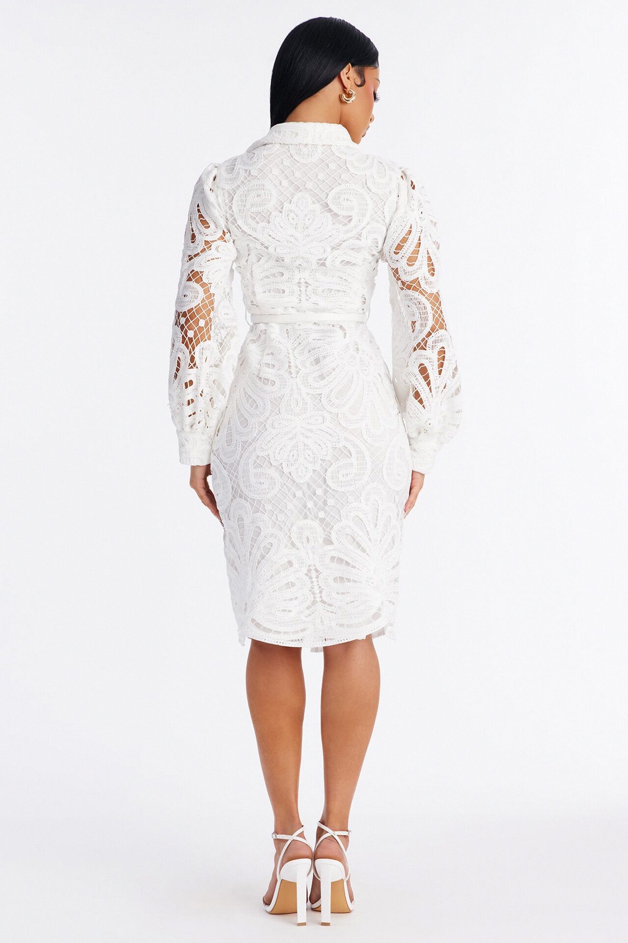 Annette Belted Lace Midi Dress - White