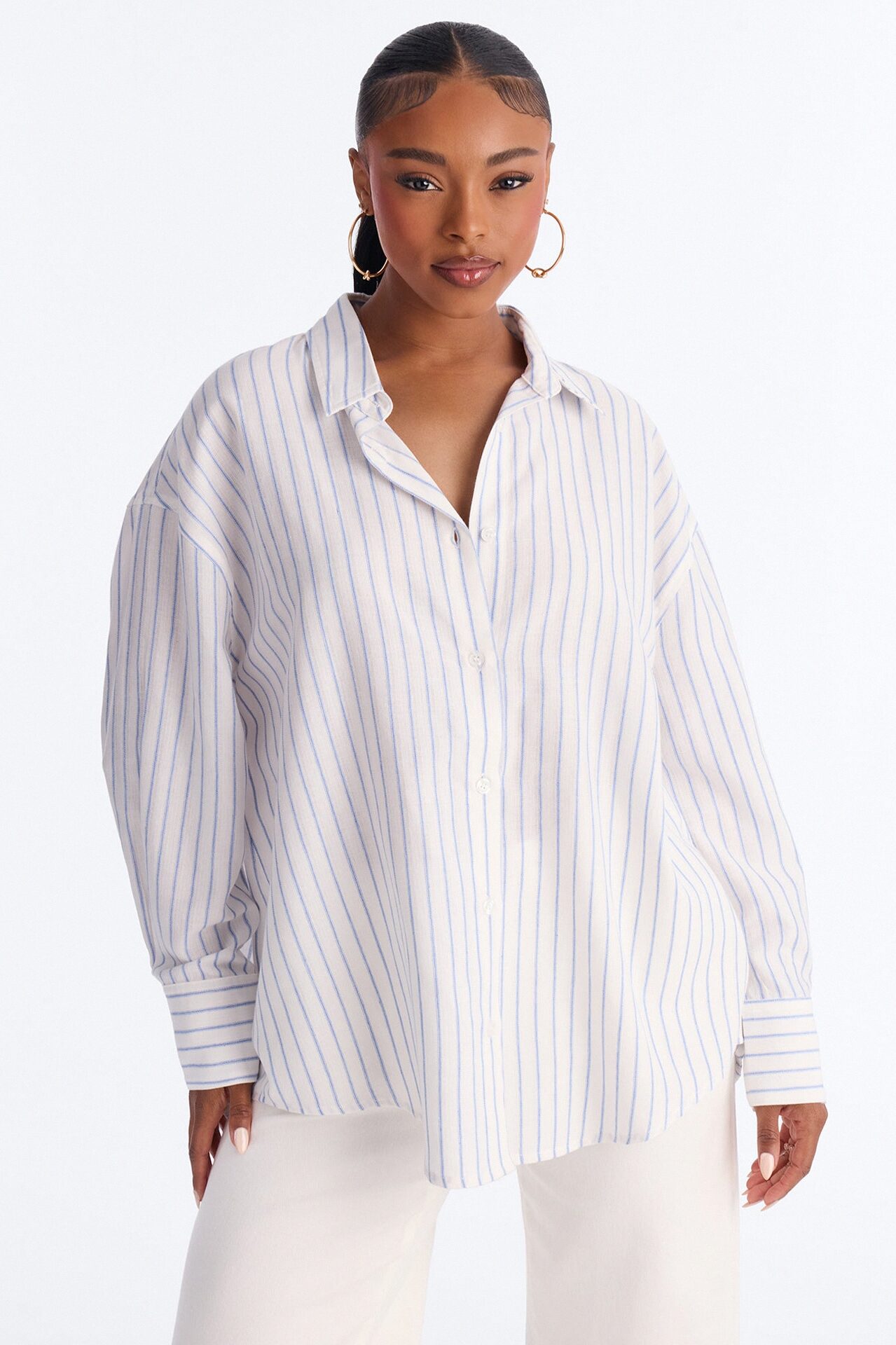 Weekend Mood Oversized Stripe Linen Shirt - Blue/combo