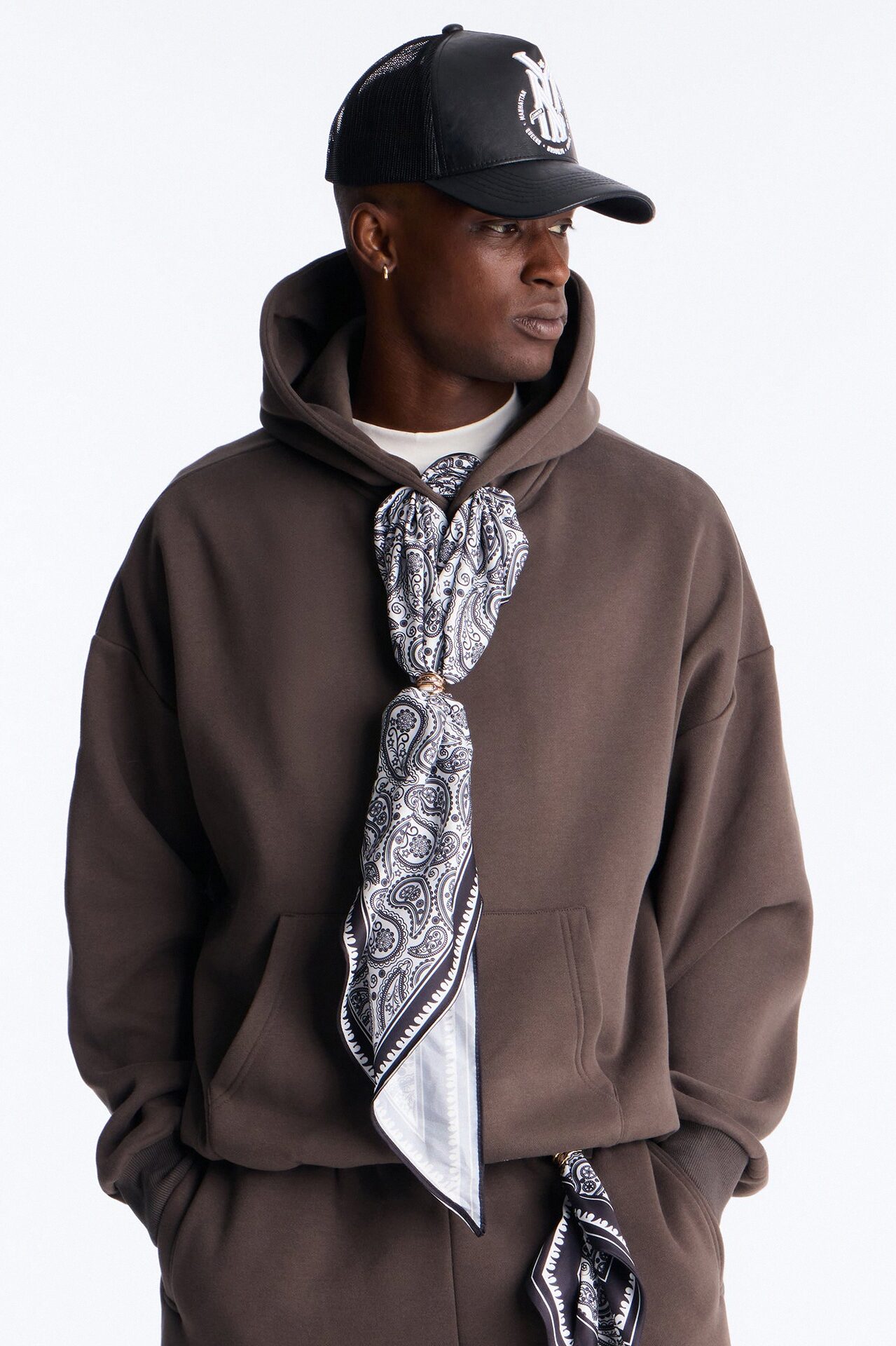 Oversized Bandana Scarf Duo Hoodie - Brown