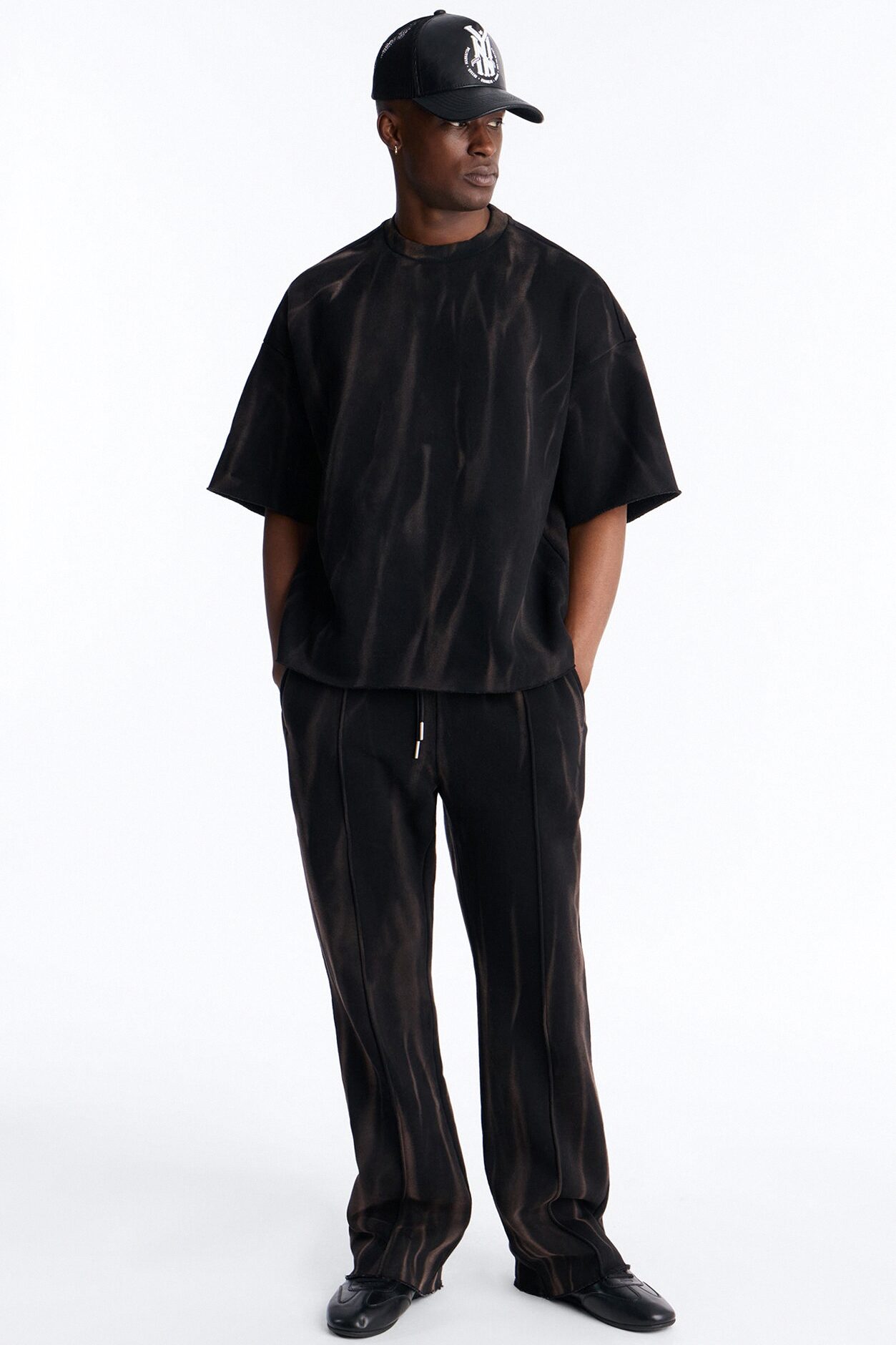 Slim Flare Bleach Washed Sweatpants - Black