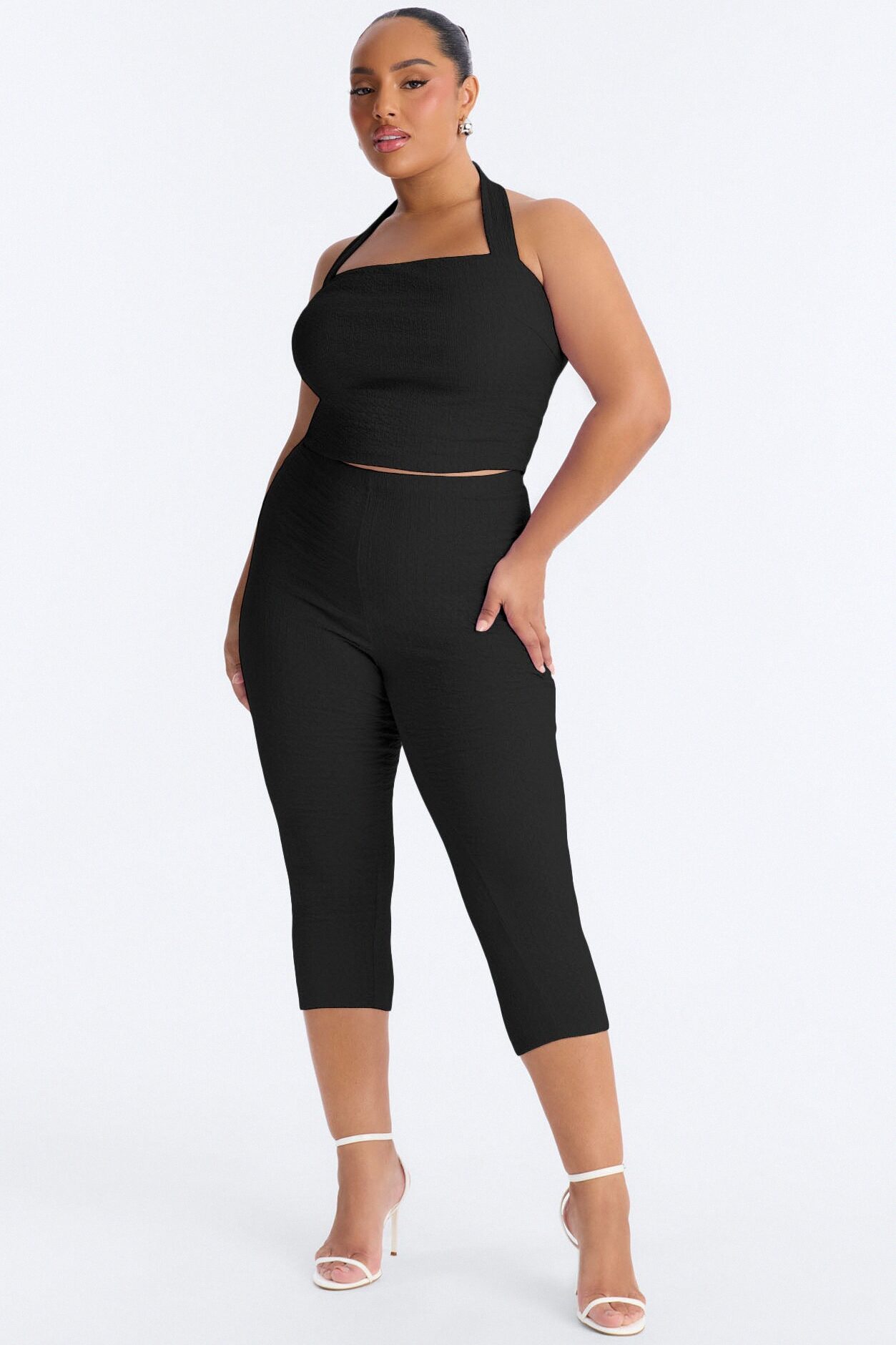 Delilah Textured Halter Capri Pant Set - Black