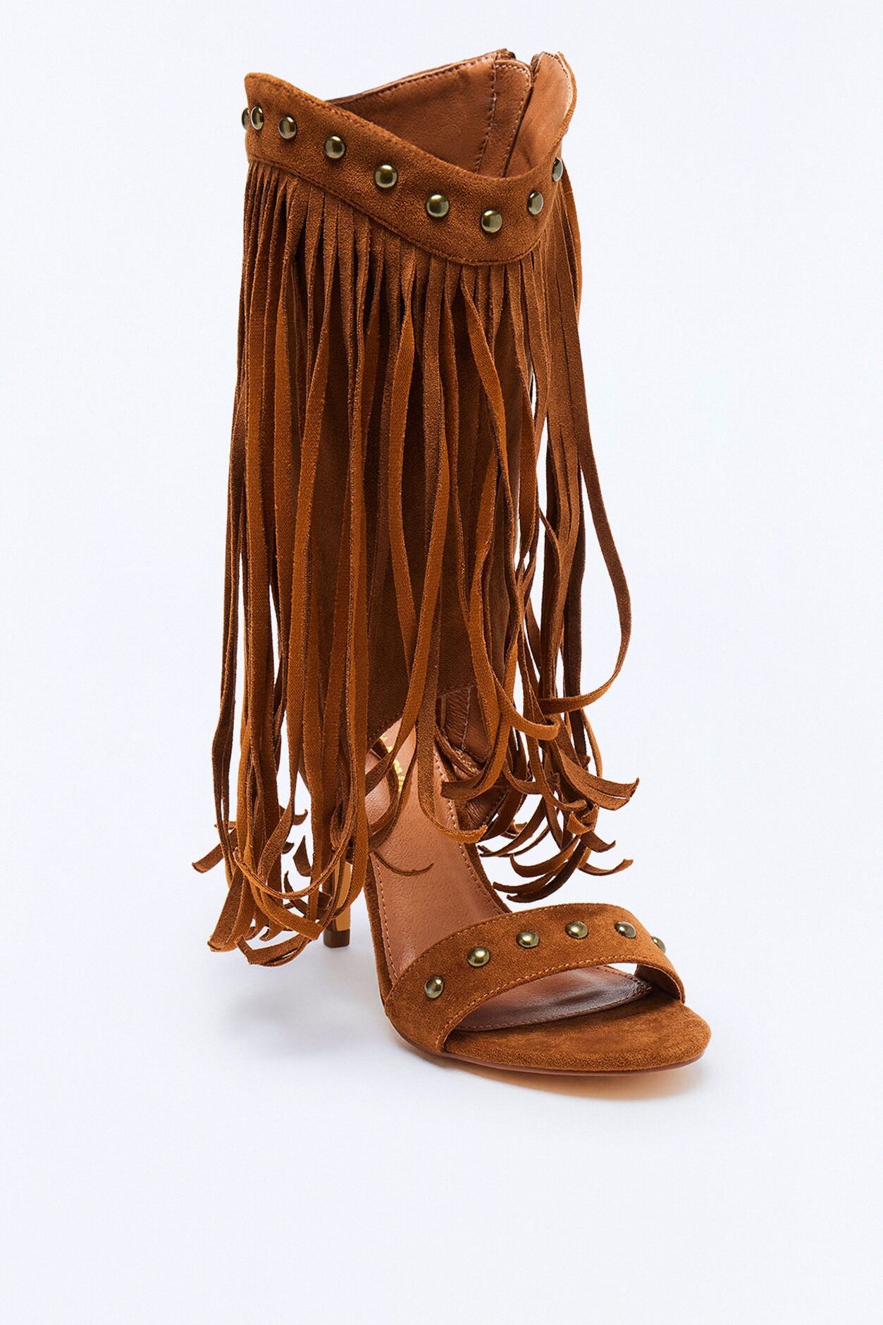 Tadi Fringe Studded Heels - Cognac