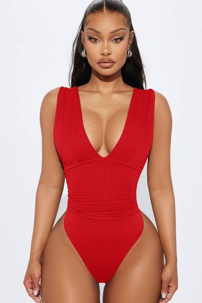 Cabana Girl Ruched V-Neck Bodysuit - Chocolate