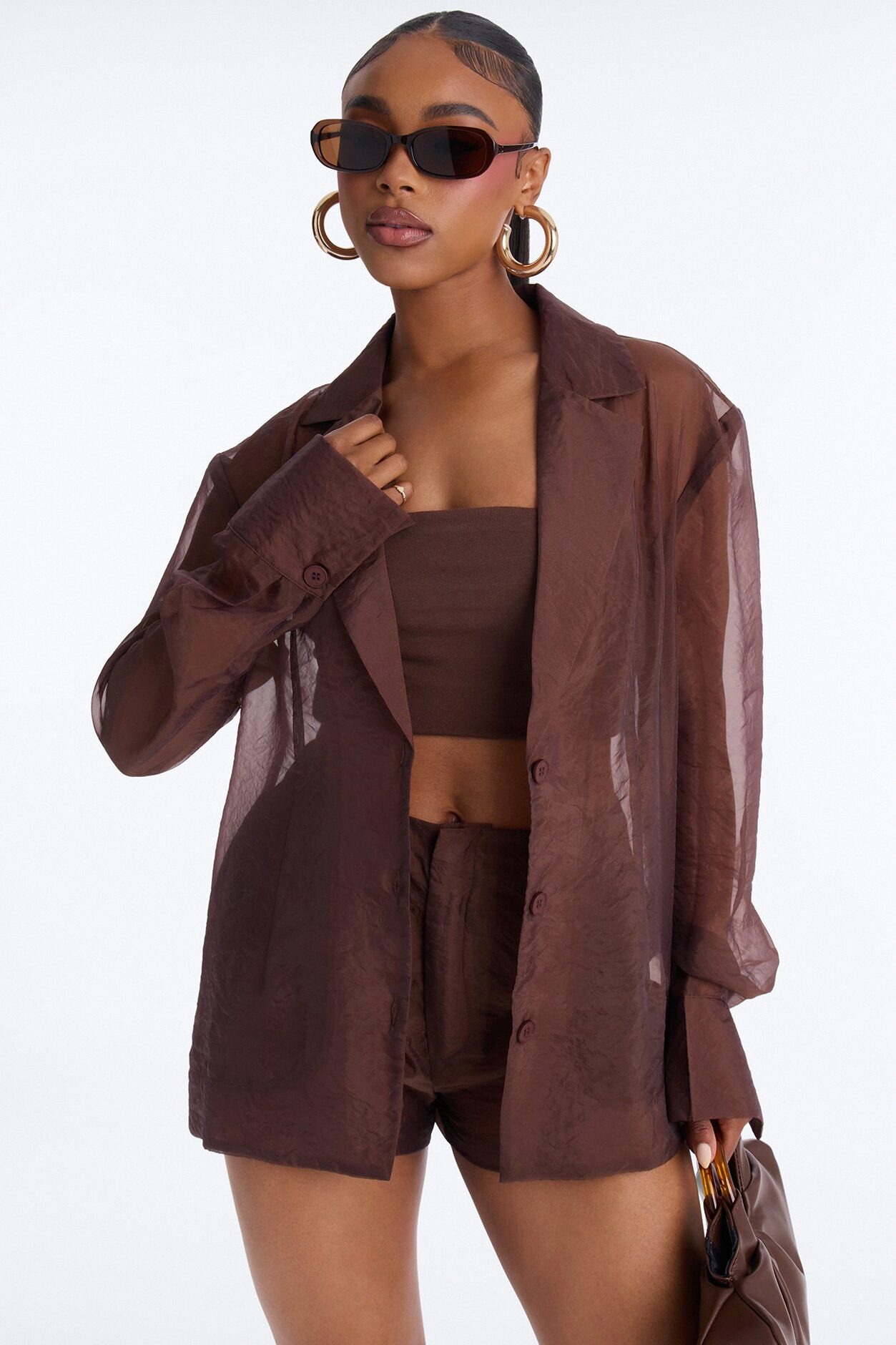 Zaran Sheer Blazer Short Set - Chocolate