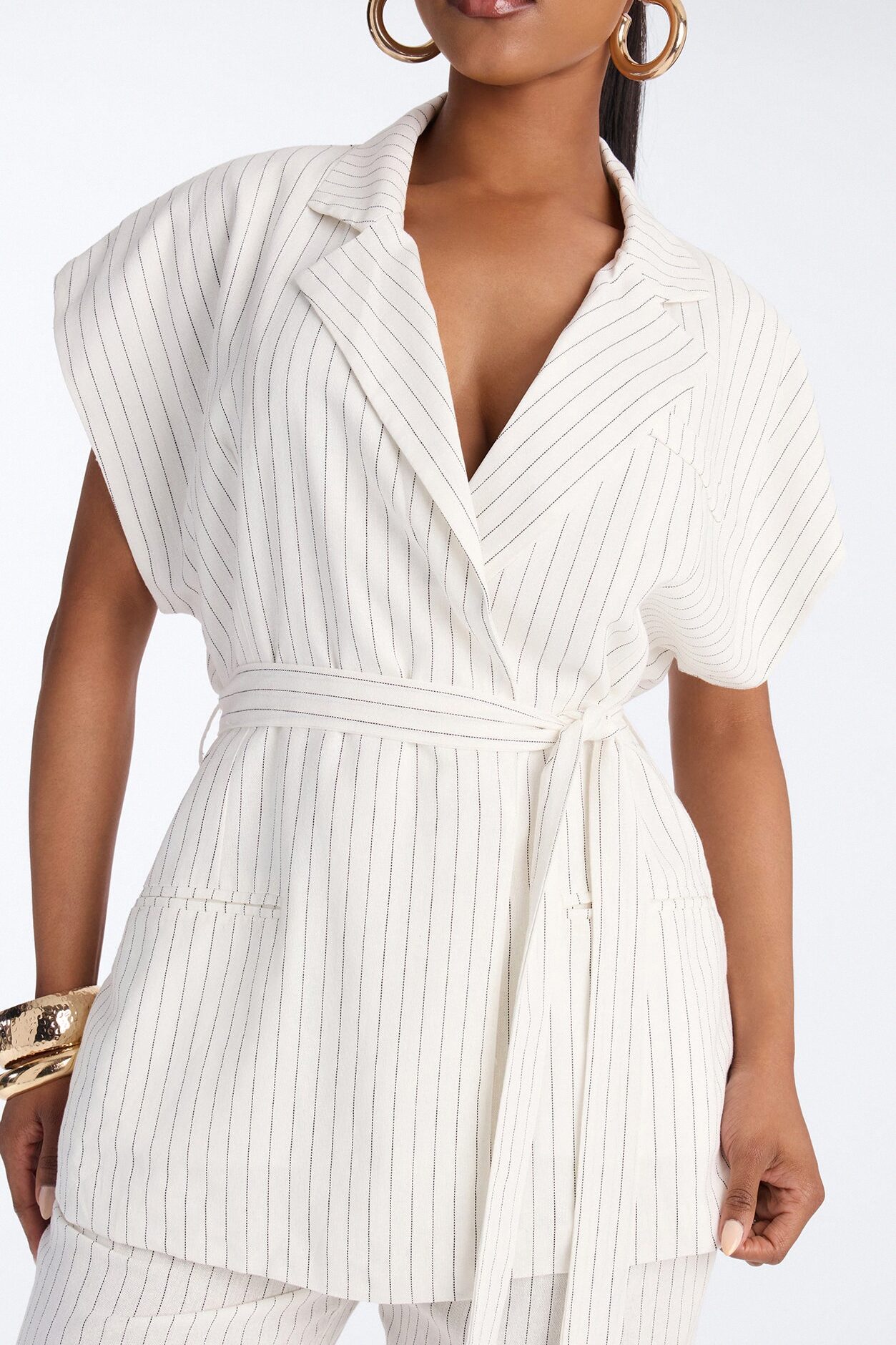 Juno Pinstripe Short Sleeve Tie Waist Linen Blazer - Ivory/combo