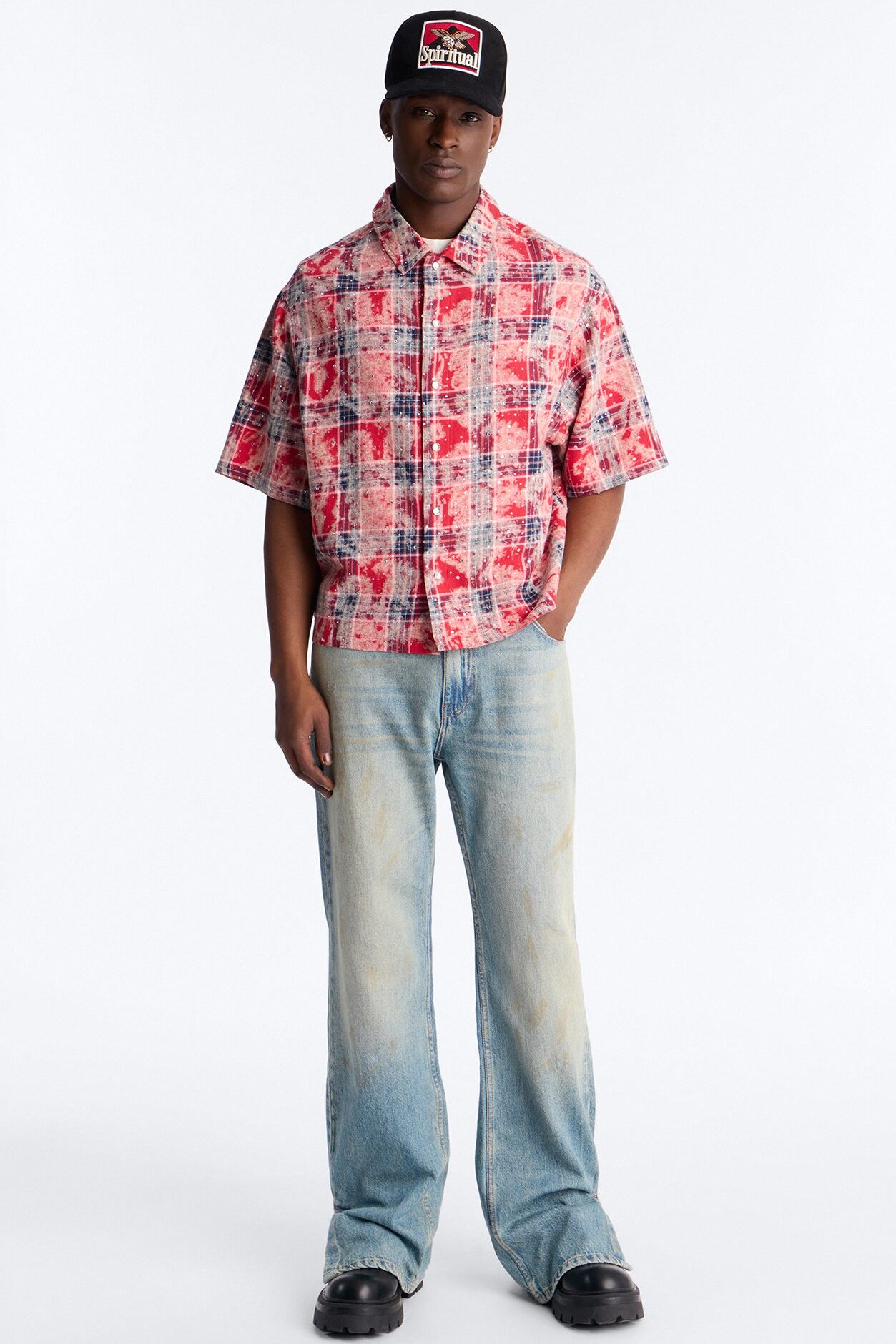 Rhinestone Rain Short Sleeve Plaid Flannel - Red