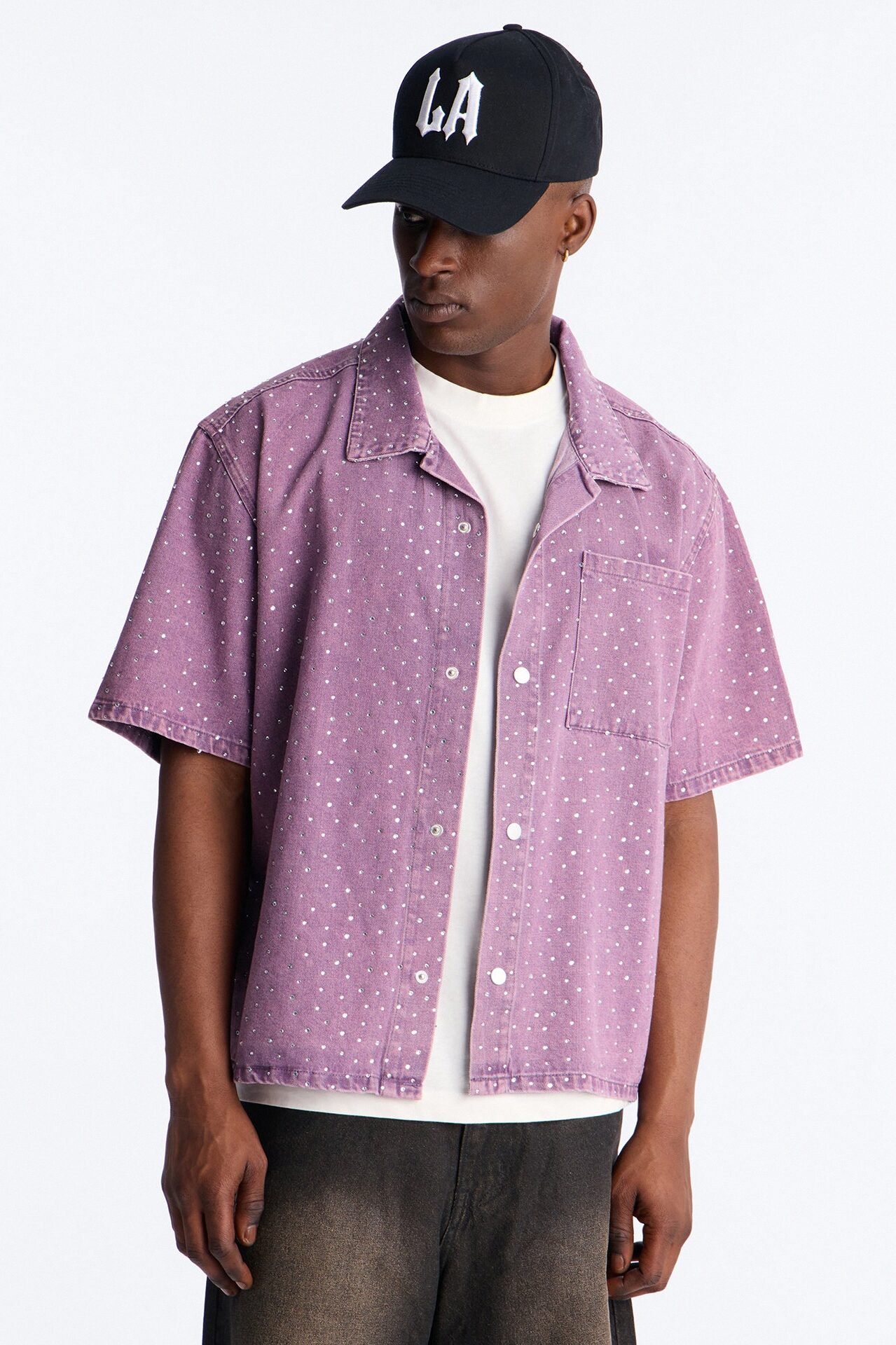Cropped Embellished Denim Button Up Shirt - Purple