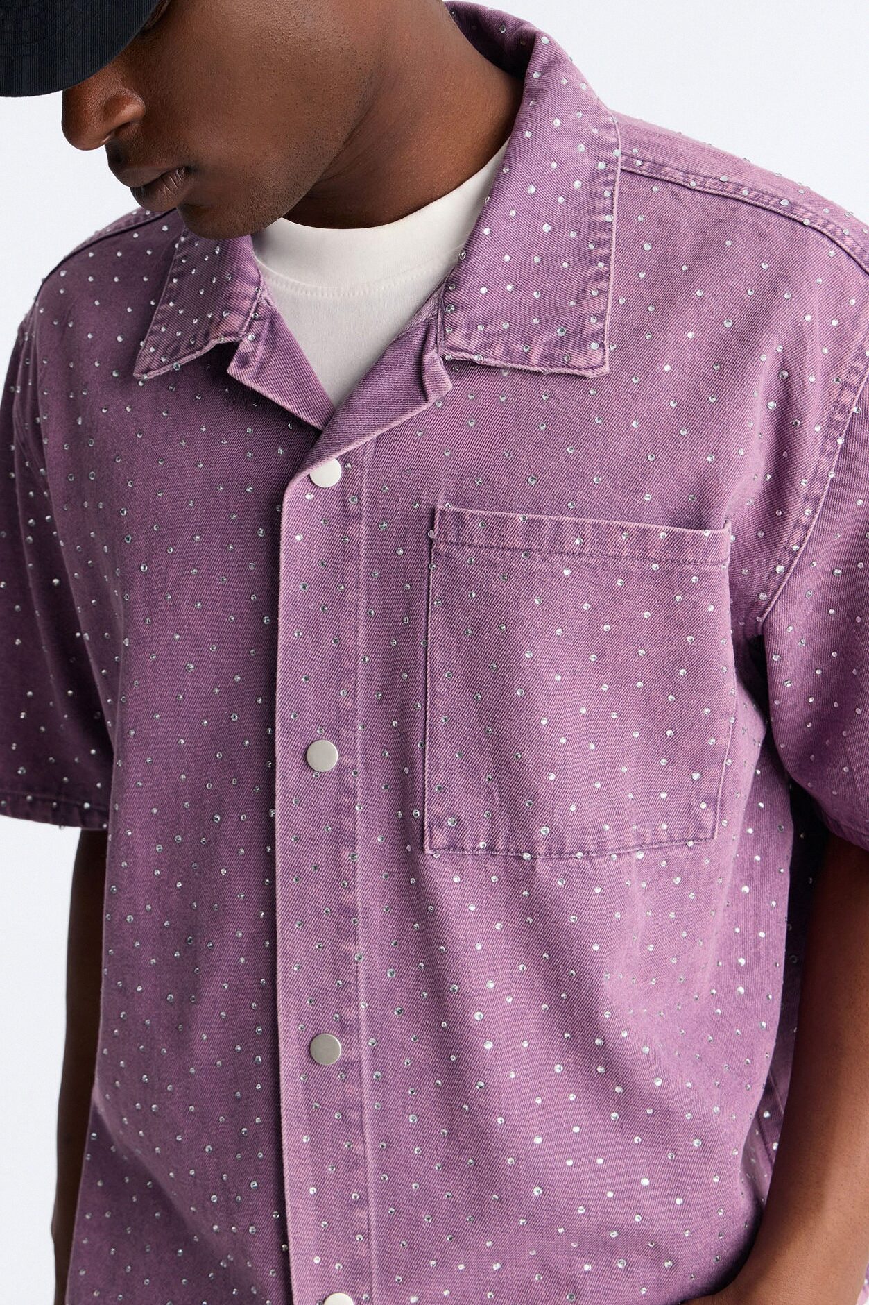 Cropped Embellished Denim Button Up Shirt - Purple