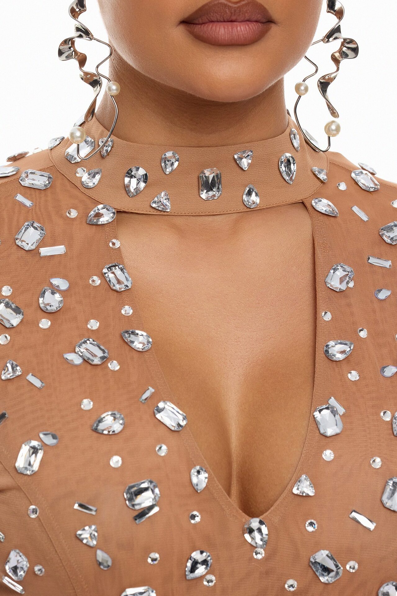 Natasha Rhinestone Drape Mini Dress - Nude