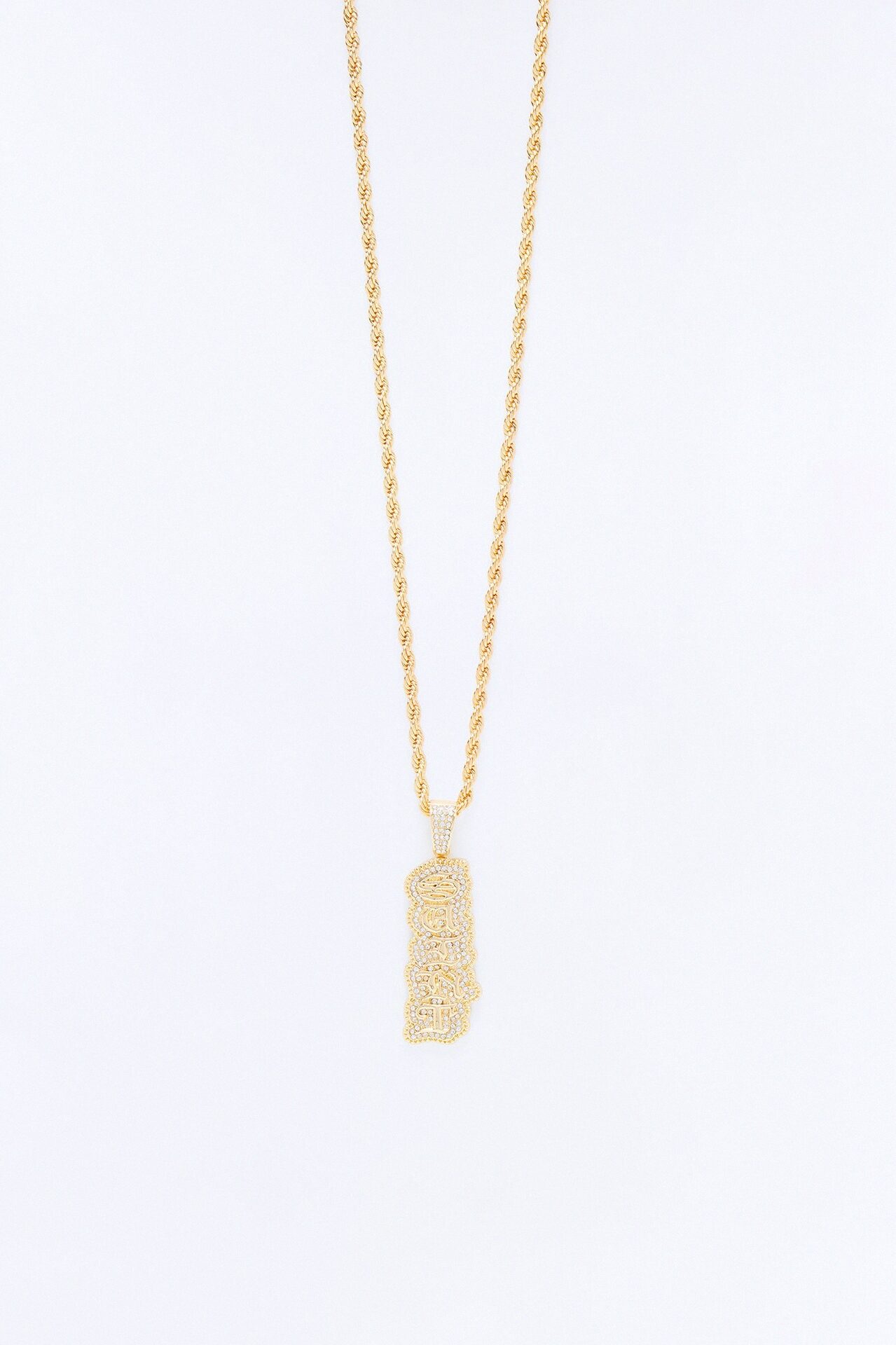Saint Script Vertical Iced Pendant Necklace - Gold