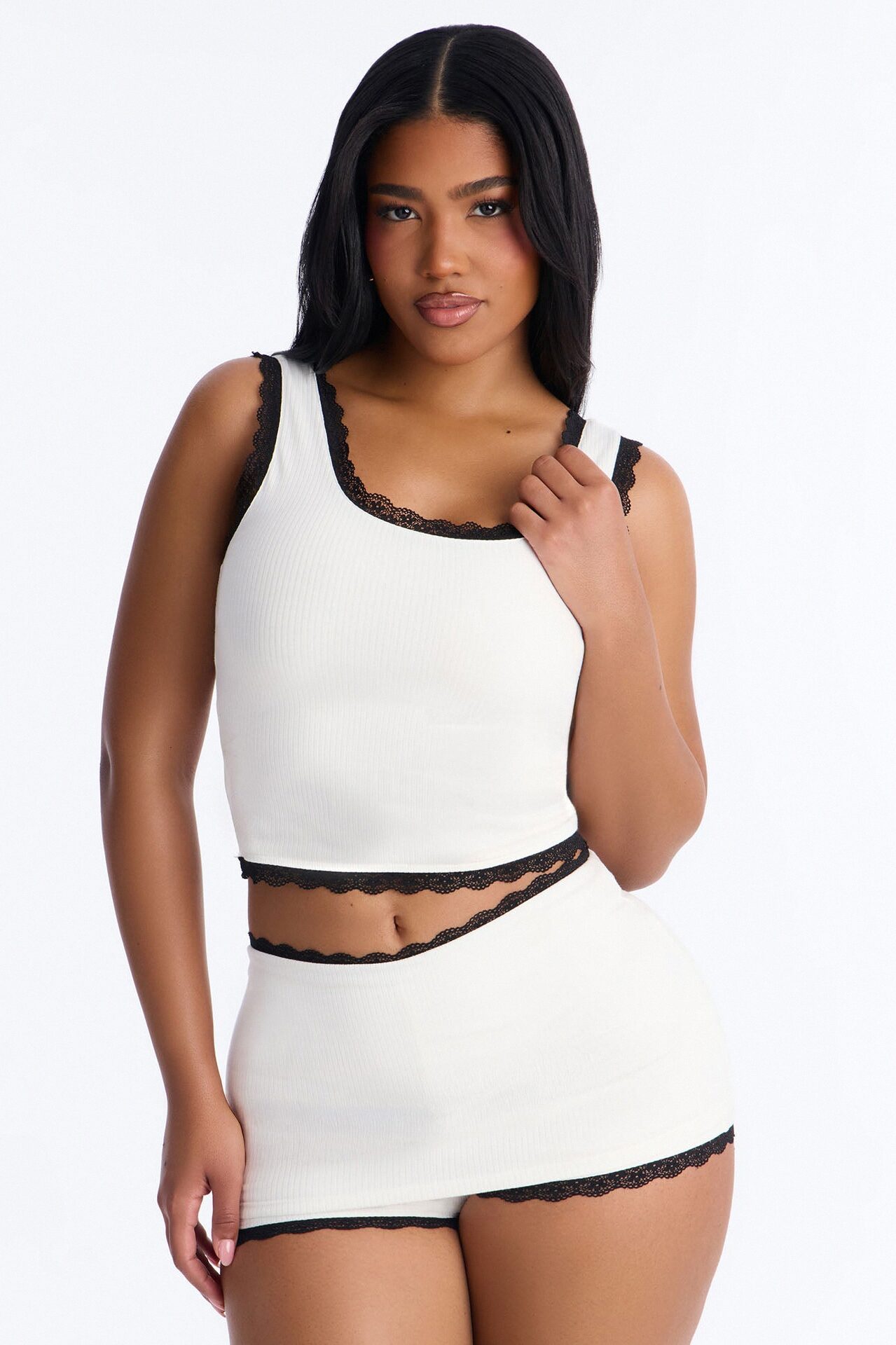 Layla Laced Ribbed Short Set - White/combo