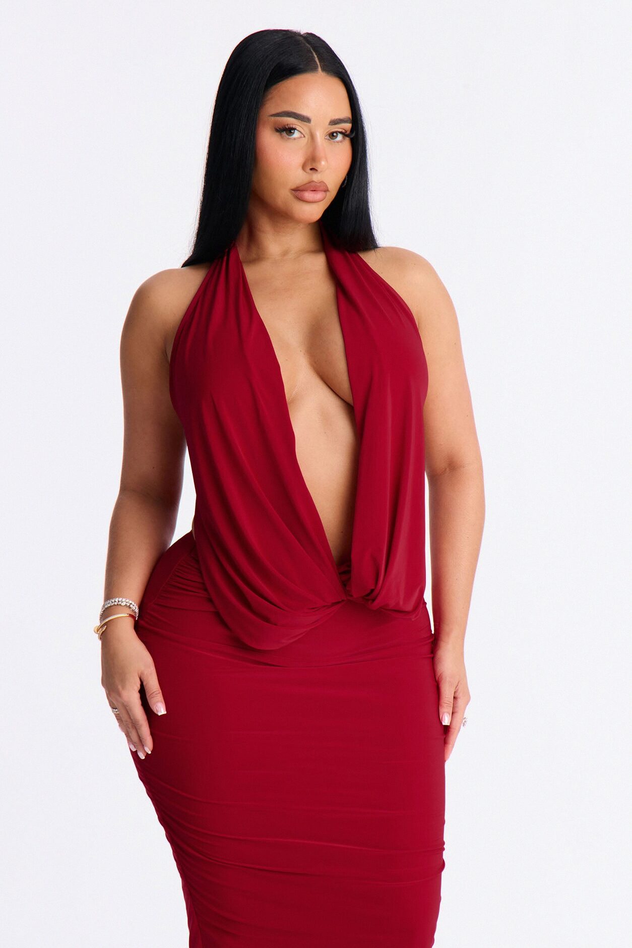 Hilana Draped Cowl Neck Backless Maxi Dress - Red
