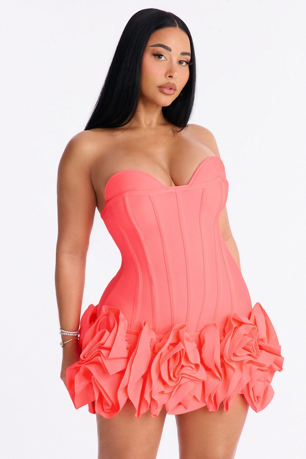 Blessed Beauty Ruffle Rosette Bandage Mini Dress - Coral