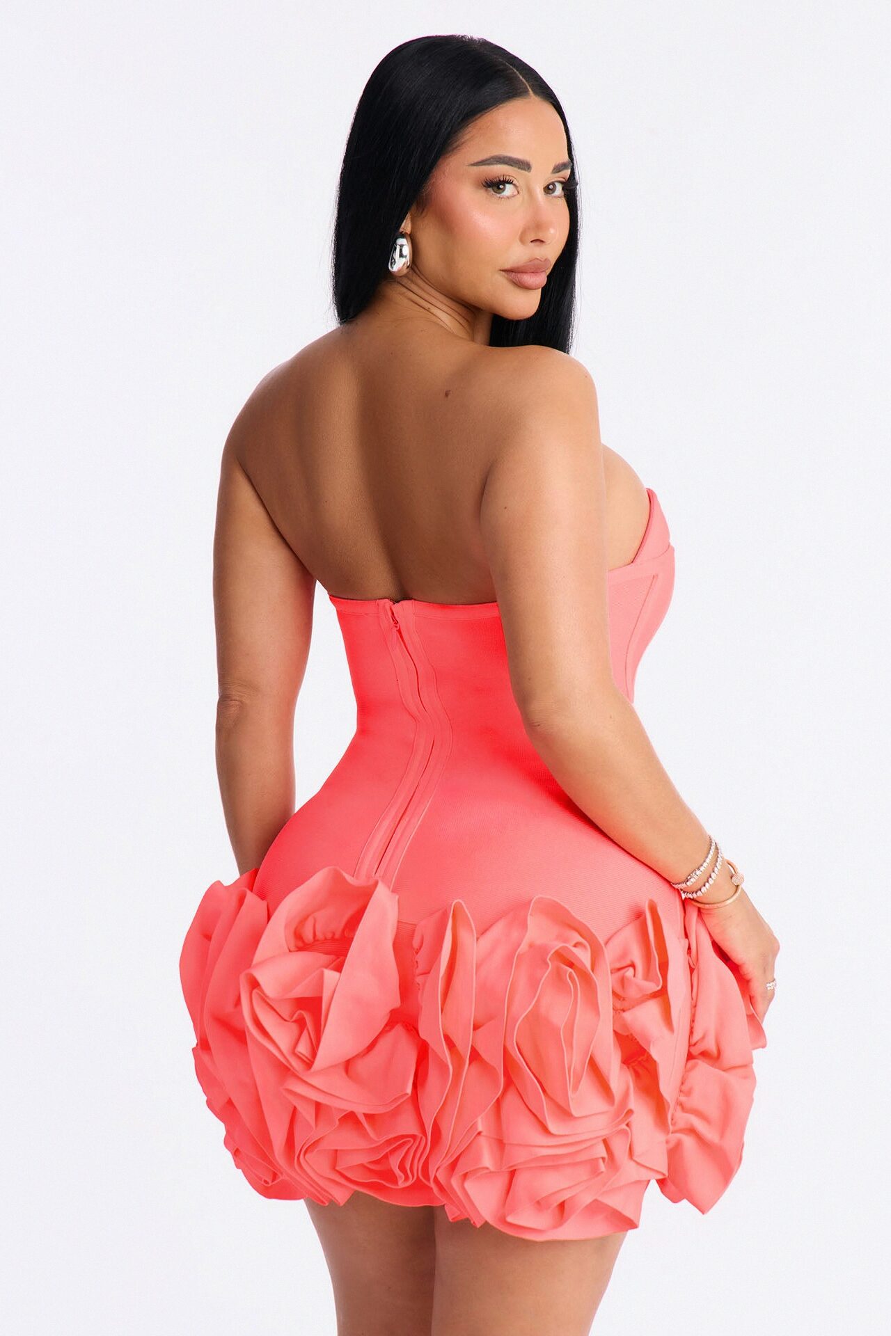 Blessed Beauty Ruffle Rosette Bandage Mini Dress - Coral