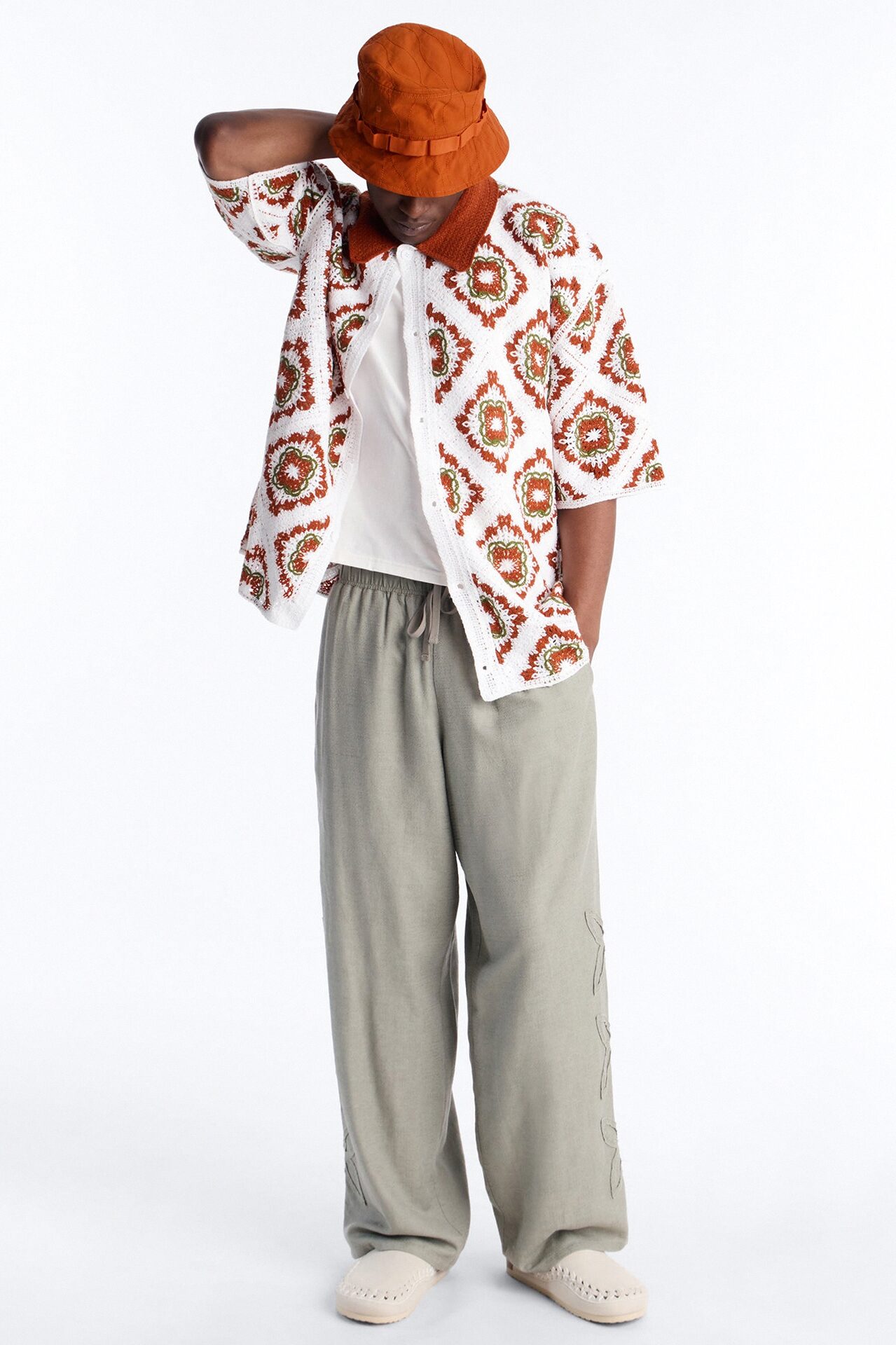 Kaleido Bloom Crochet Button Up Shirt - Green