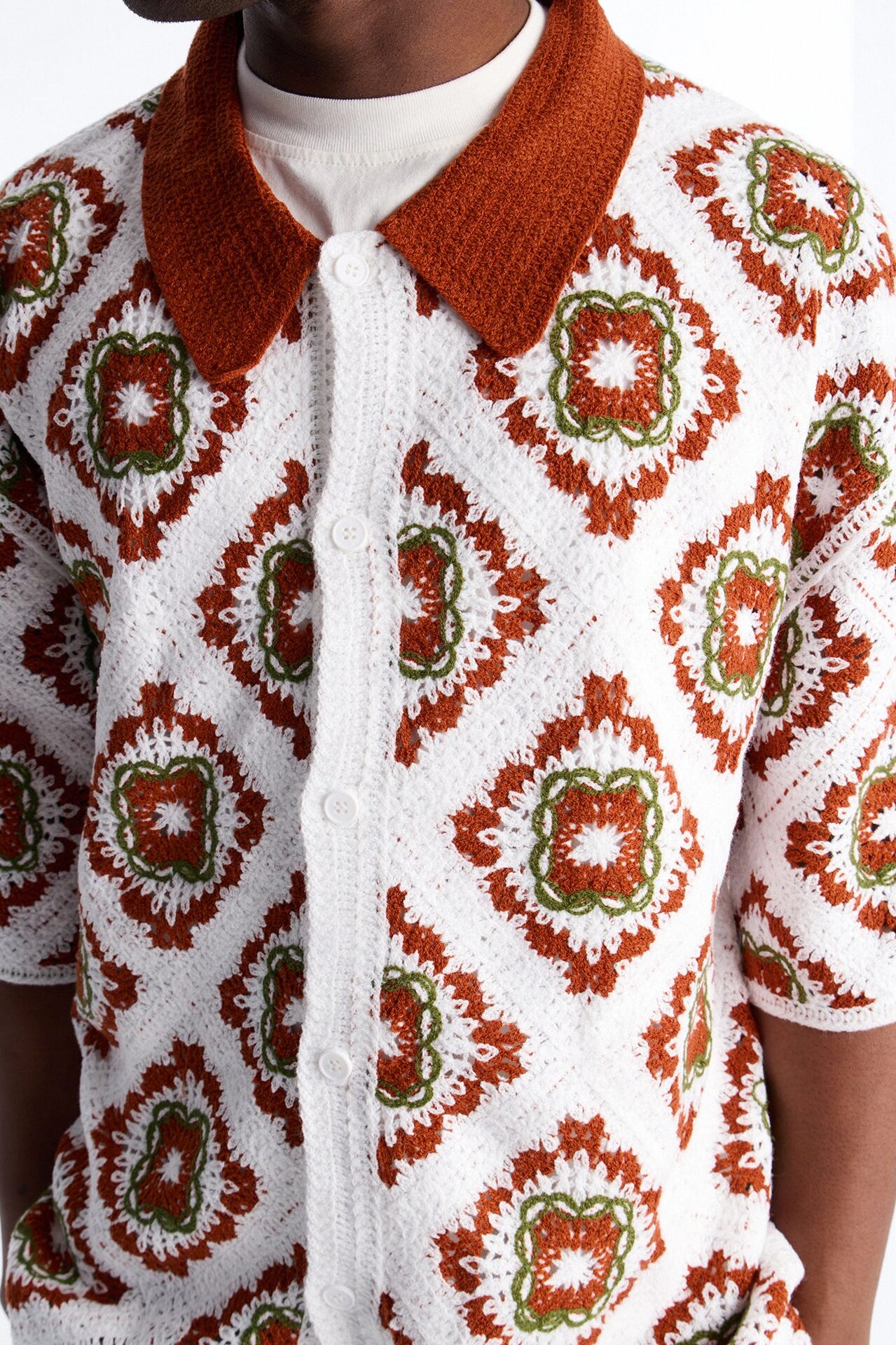 Kaleido Bloom Crochet Button Up Shirt - Green