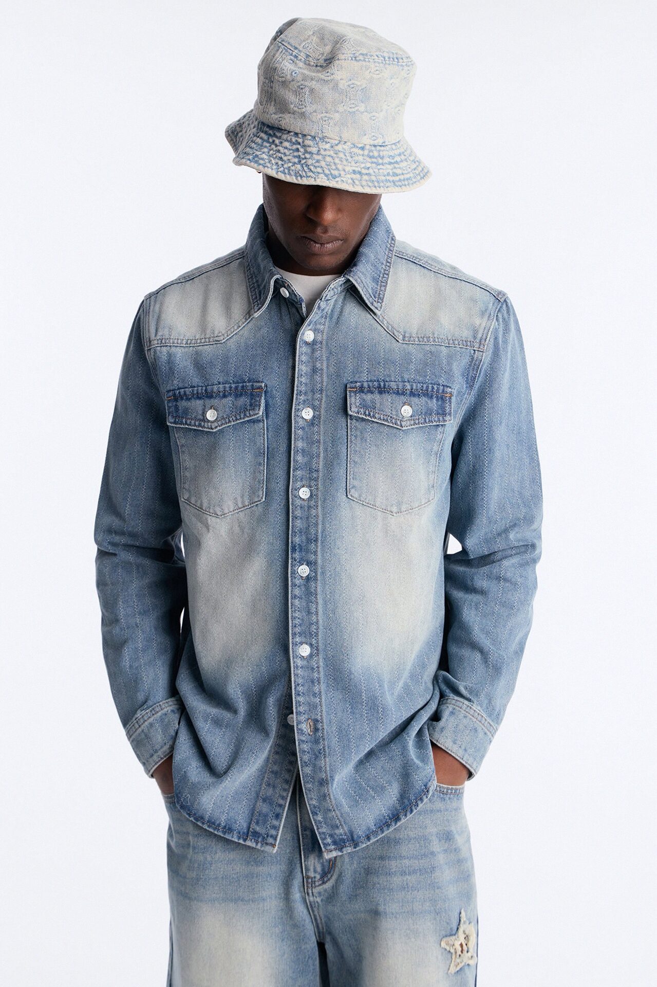 Stars And Stripes Long Sleeve Button Up Denim Shirt - Vintage Blue Wash