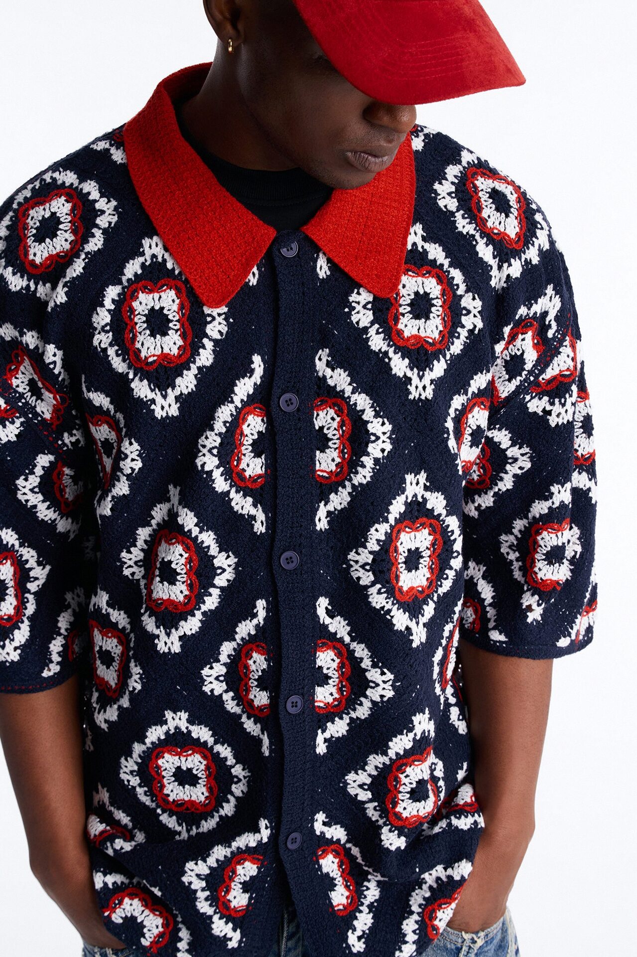 Kaleido Bloom Crochet Button Up Shirt - Navy